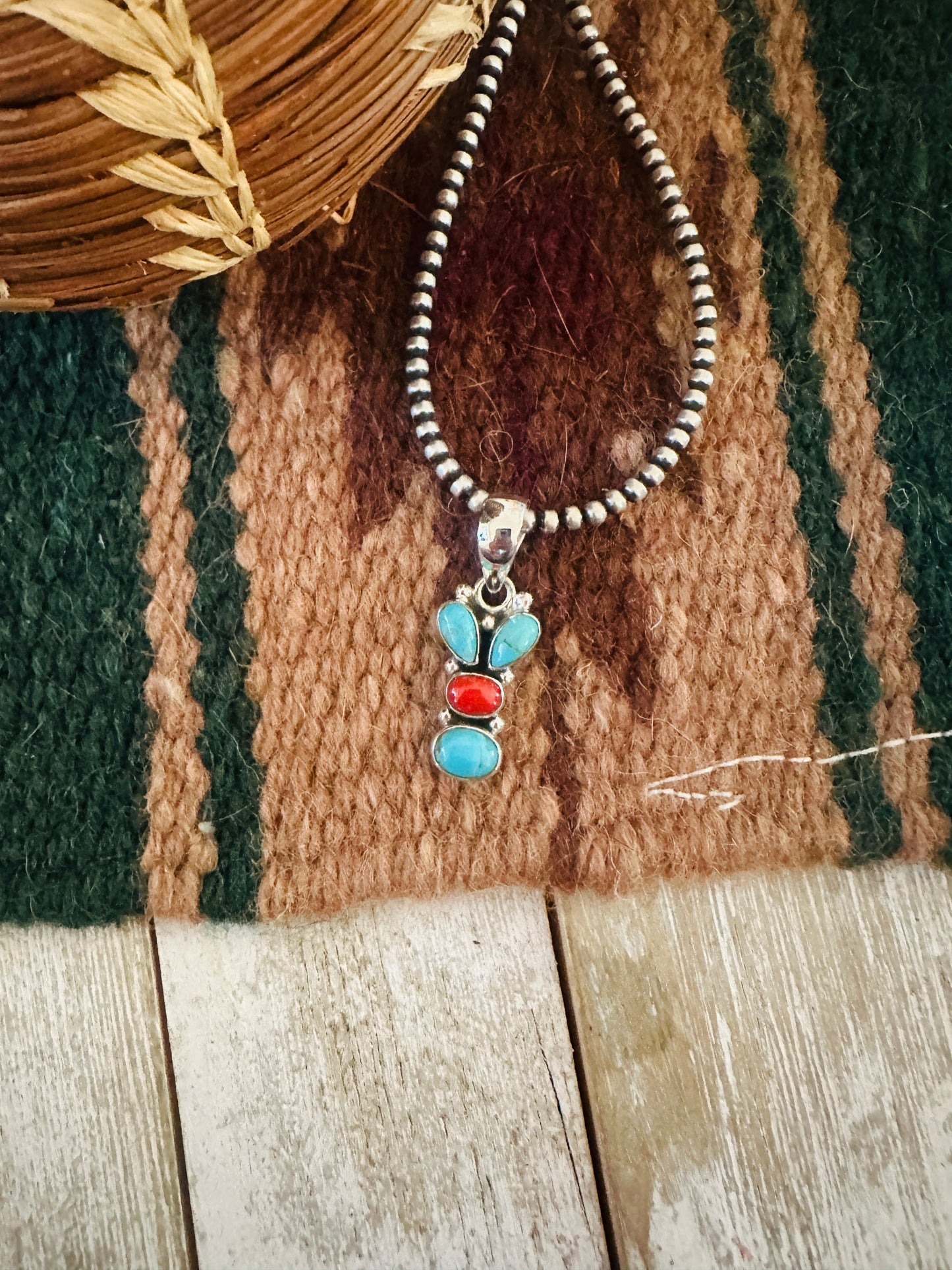 ** Christmas Collection ** Handmade Sterling Silver, Coral & Turquoise Pendant Signed Nizhoni