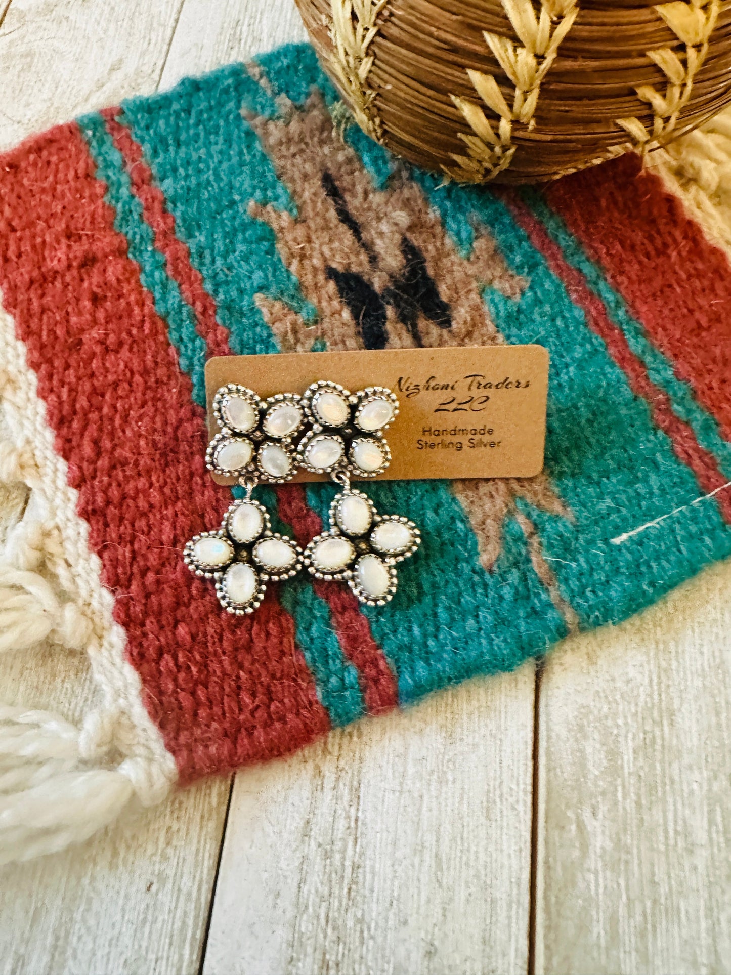 ** Christmas Collection ** Handmade Sterling Silver & Mother of Pearl Dangle Earrings Signed Nizhoni