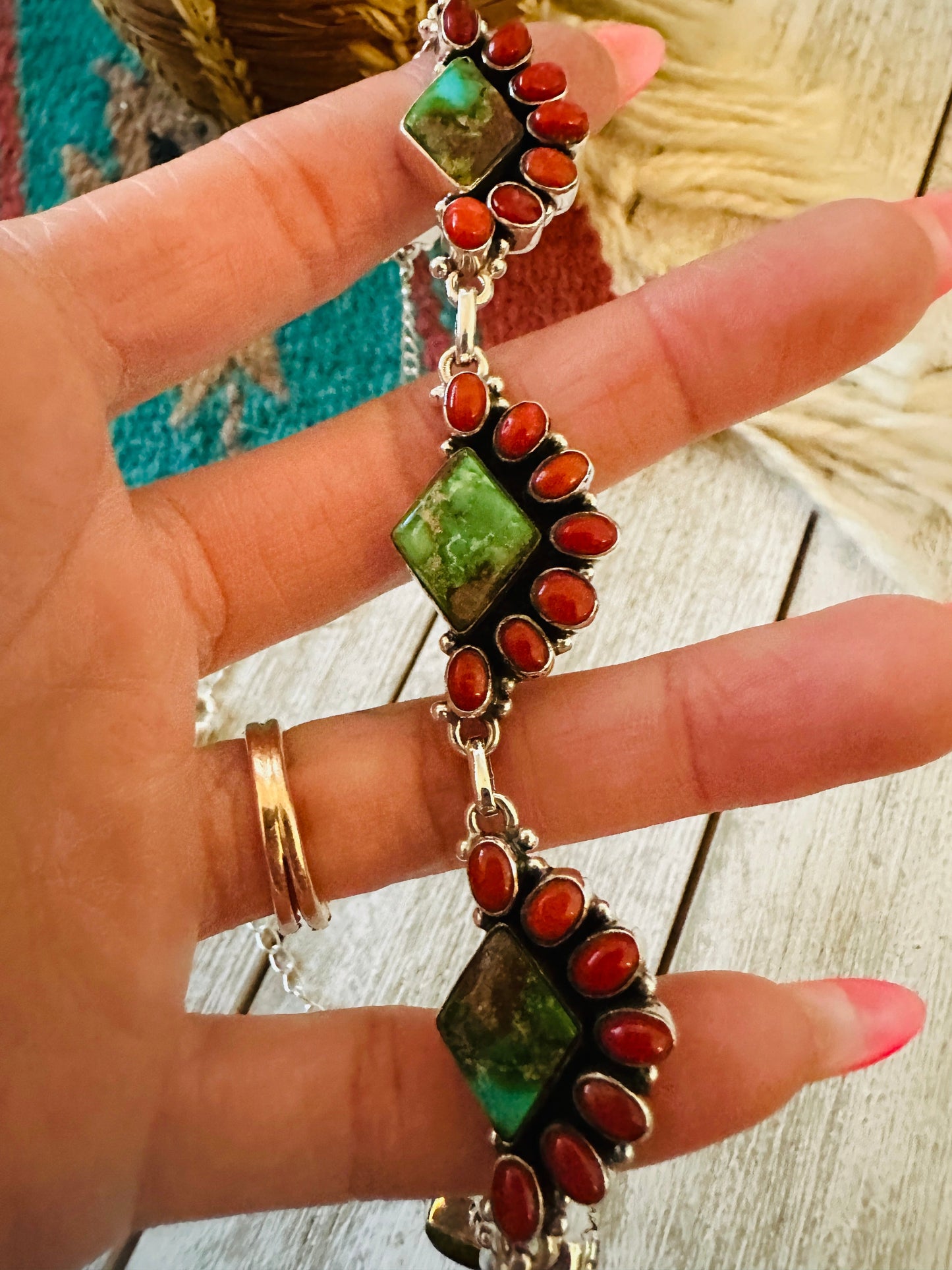 ** Christmas Collection ** Handmade Sterling Silver, Turquoise & Coral Necklace Signed Nizhoni