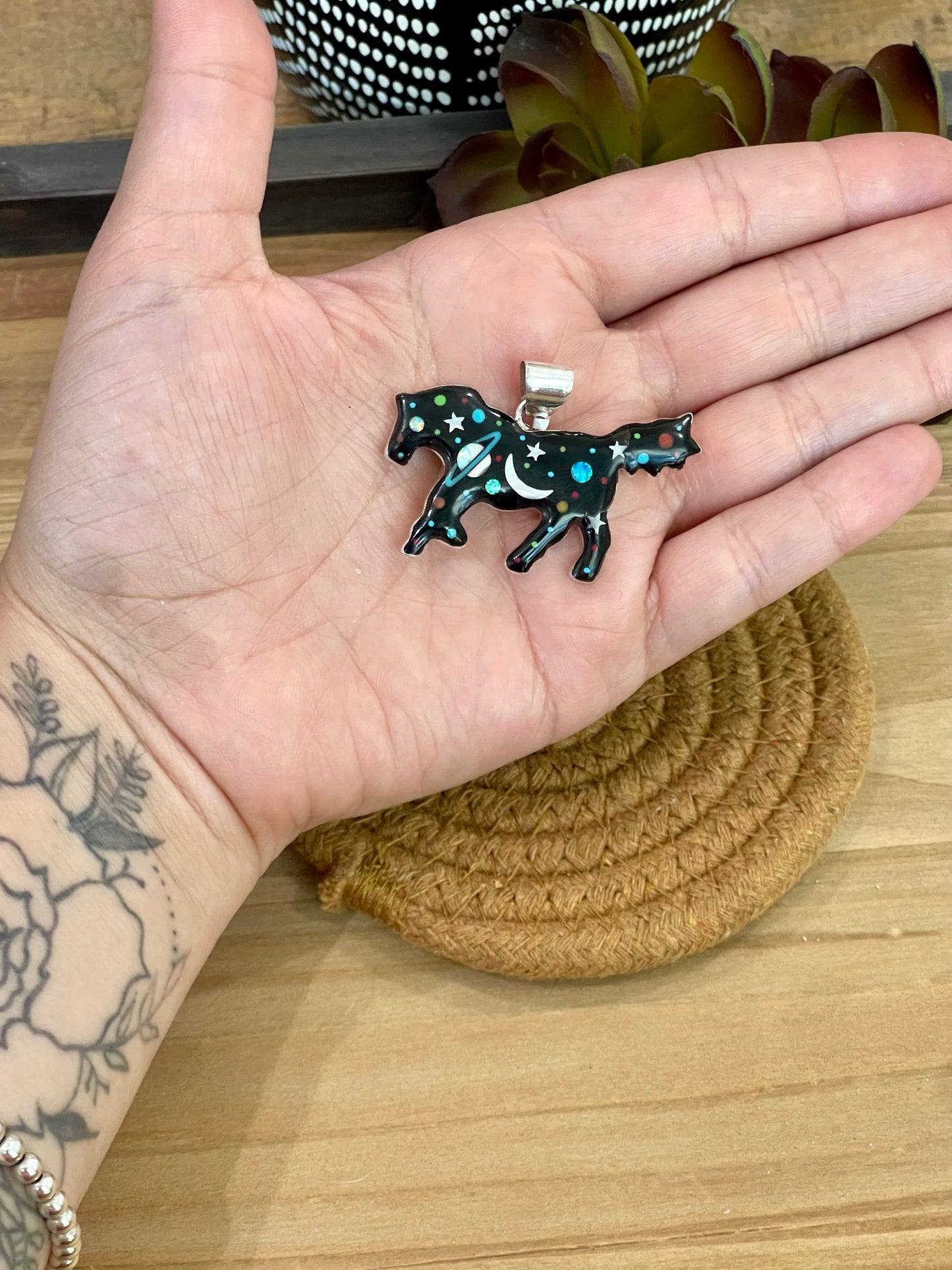 Handmade Sterling Silver Multi Stone Space Horse Pendant
