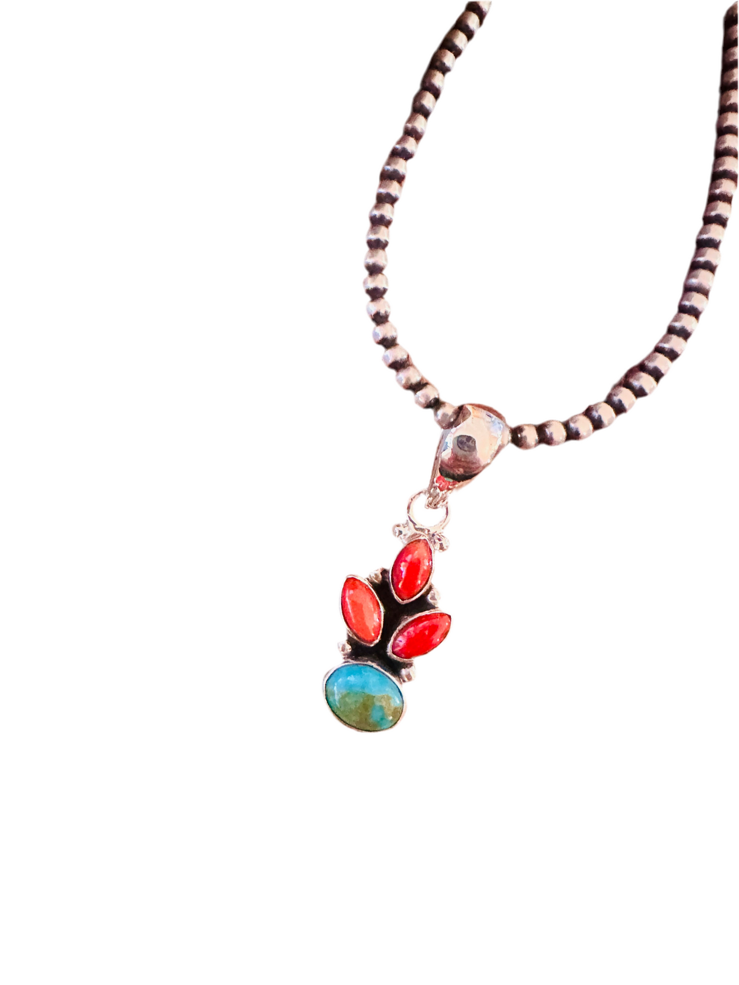 ** Christmas Collection ** Handmade Sterling Silver, Coral & Turquoise Pendant Signed Nizhoni