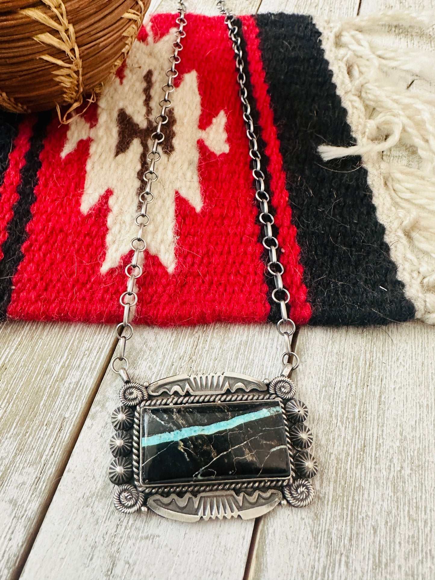 Navajo Black Jack Turquoise & Sterling Silver Necklace