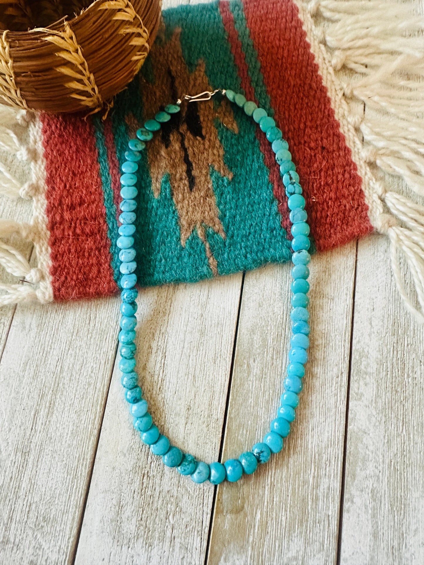 Navajo Turquoise & Sterling Silver 16” Beaded Necklace