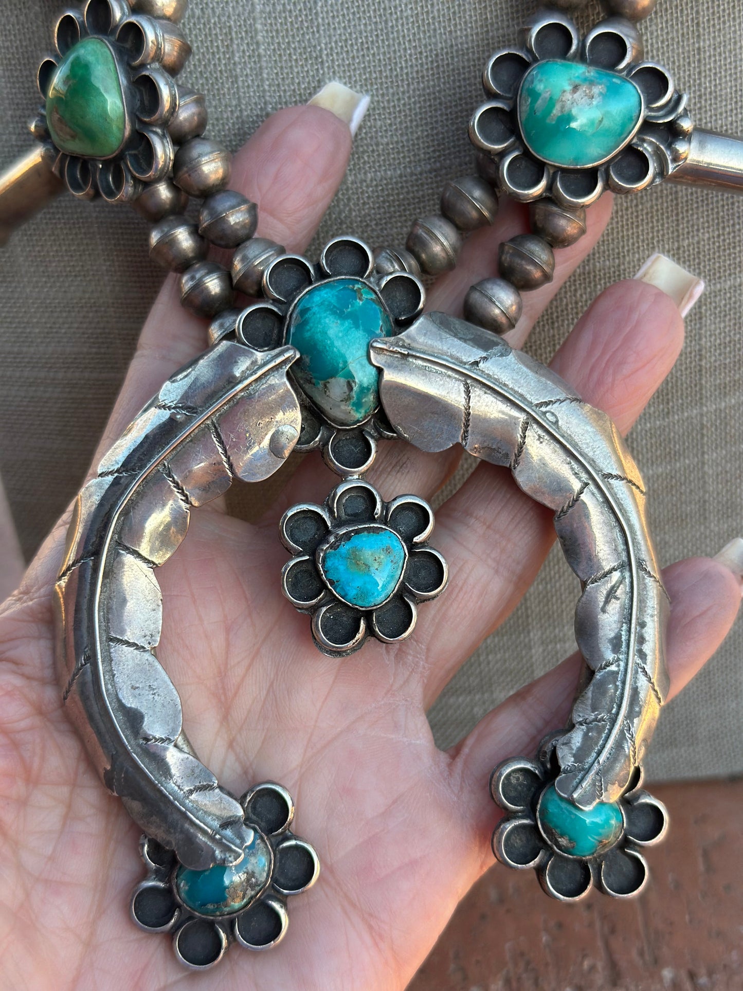 Estate Collection Old Pawn Navajo Turquoise & Sterling Silver Squash Blossom Necklace