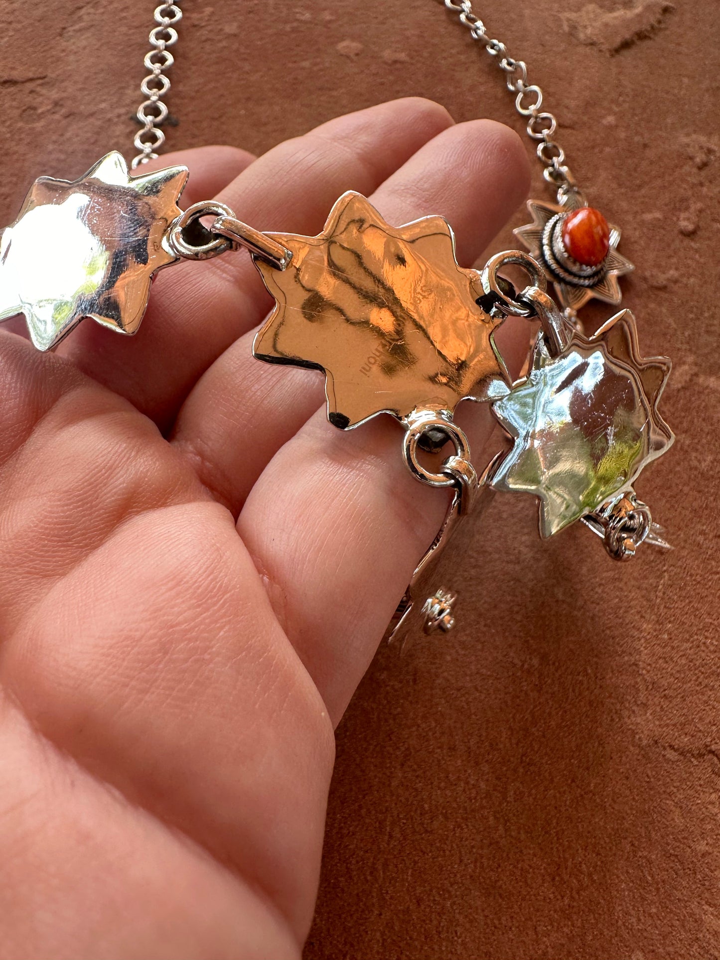Beautiful Handmade Sterling Silver & Orange Spiny Lariat Necklace