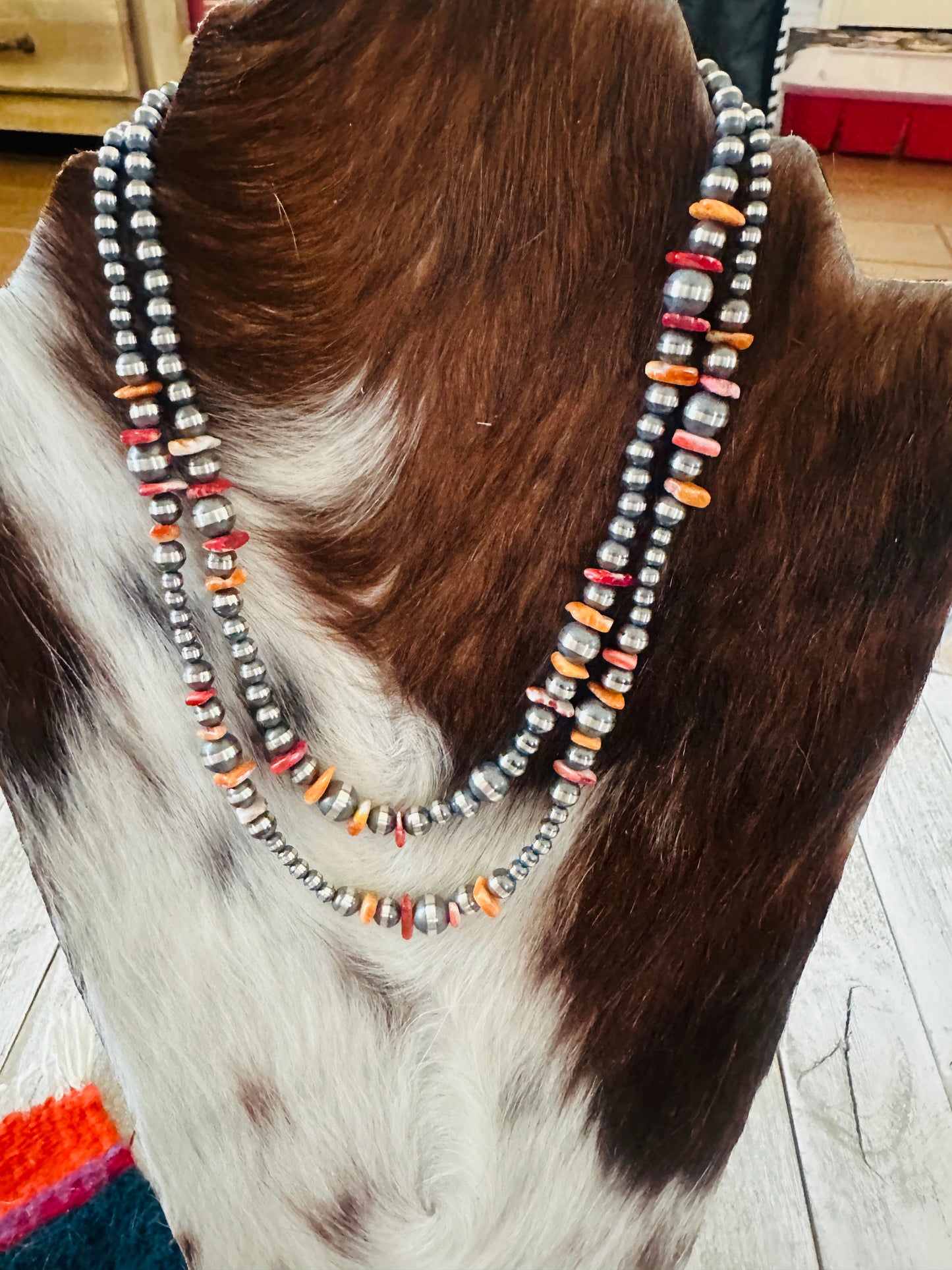 Navajo Sterling Silver & Spiny Oyster Beaded Necklace