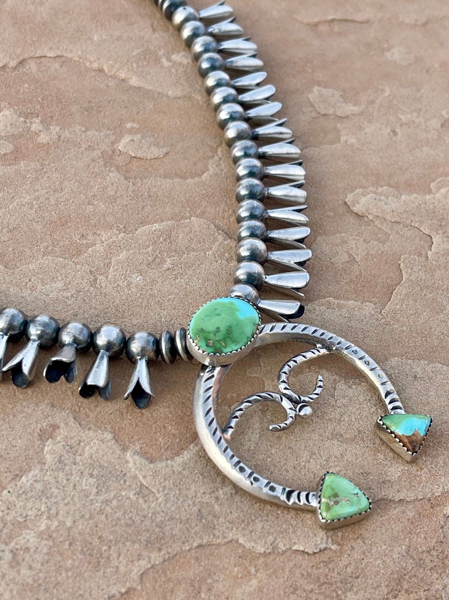 Beautiful Handmade Sterling Silver & Sonoran Mountain Turquoise Squash Blossom Necklace
