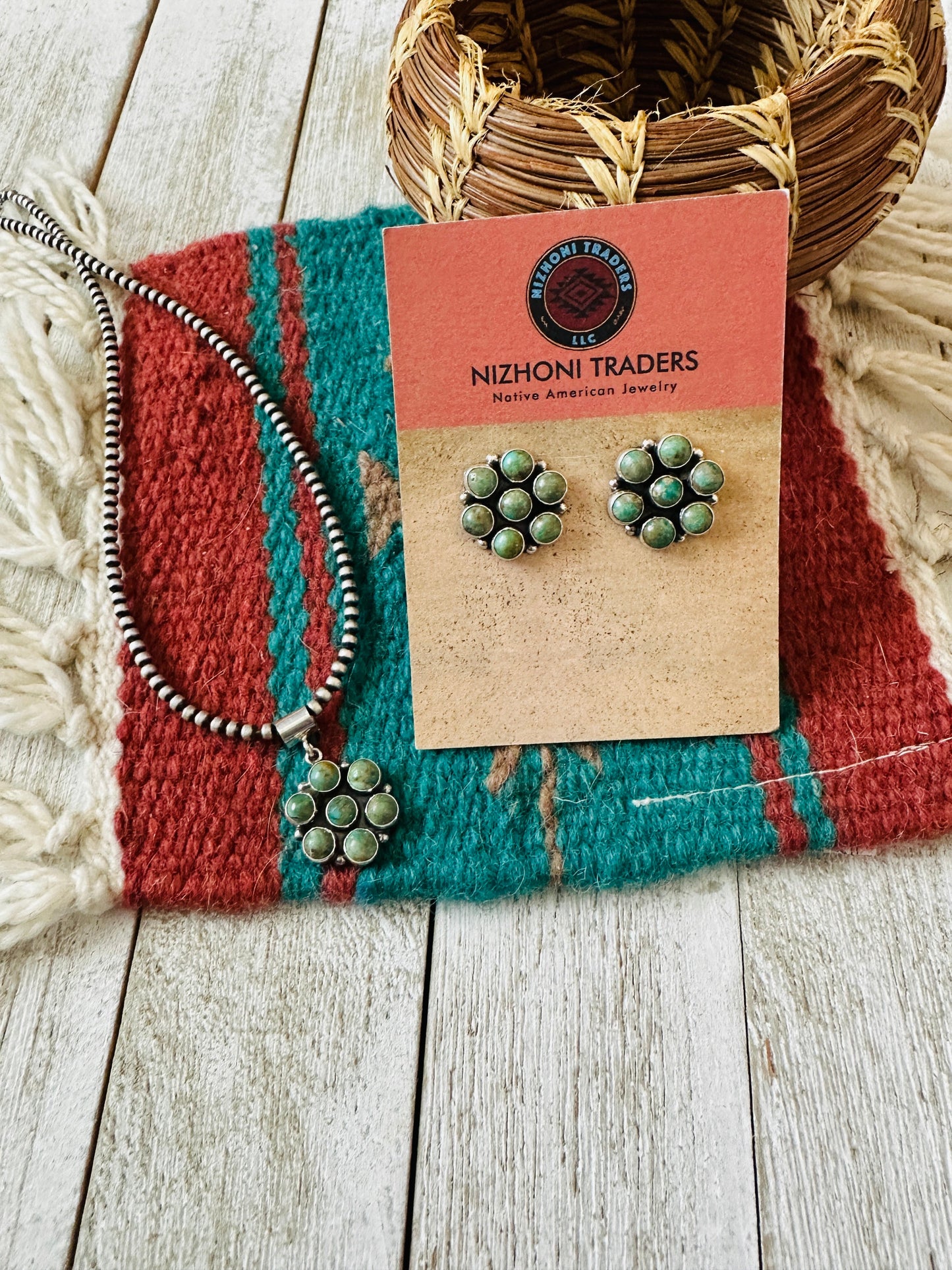 Navajo Sterling Silver & Turquoise Cluster Pendant and Earring Set