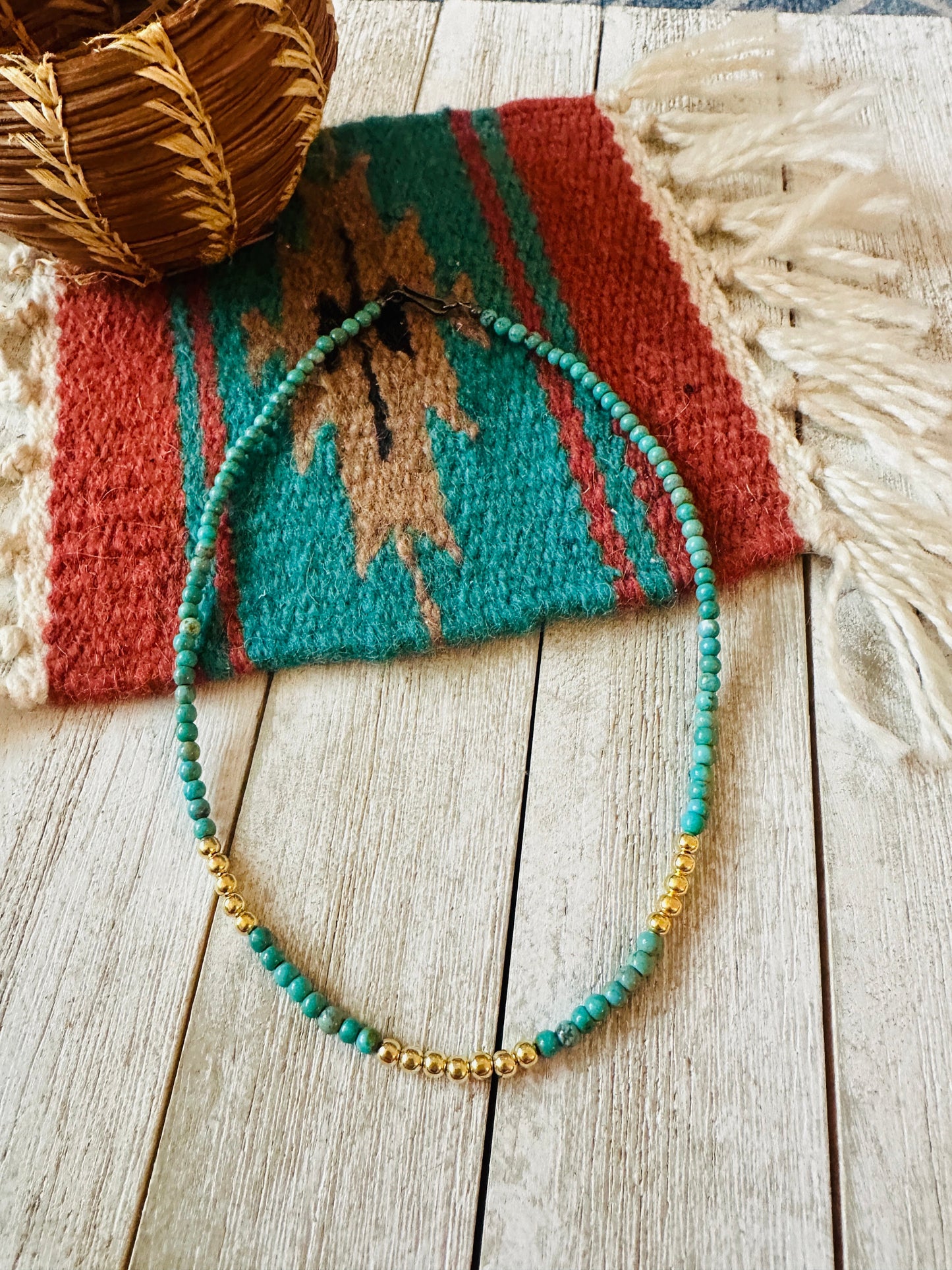 Navajo Turquoise & Gold Beaded 16” Necklace