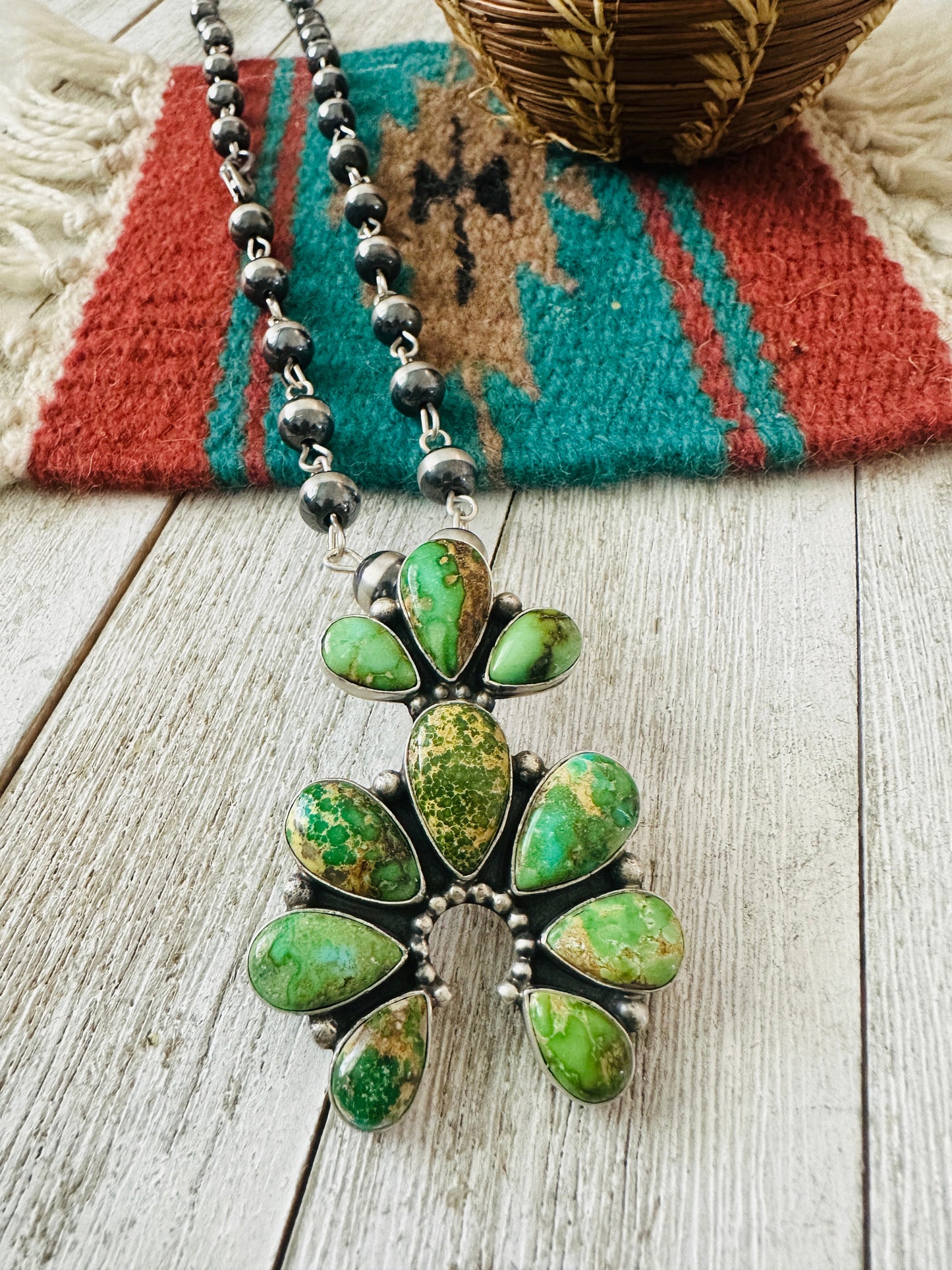 Navajo Sterling Silver & Sonoran Gold Turquoise Beaded Naja Necklace Signed
