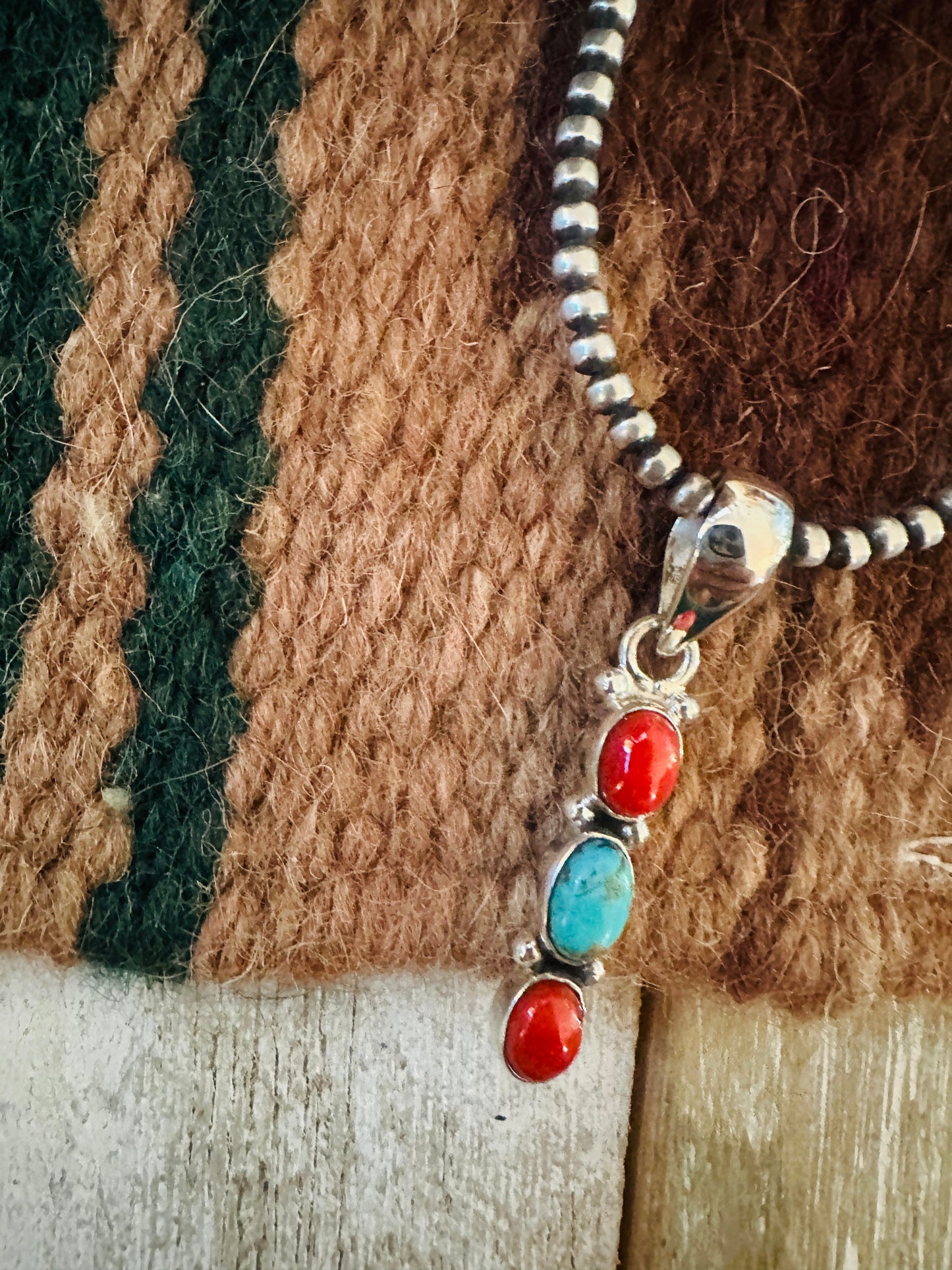 ** Christmas Collection ** Handmade Sterling Silver, Coral & Turquoise Pendant Signed Nizhoni