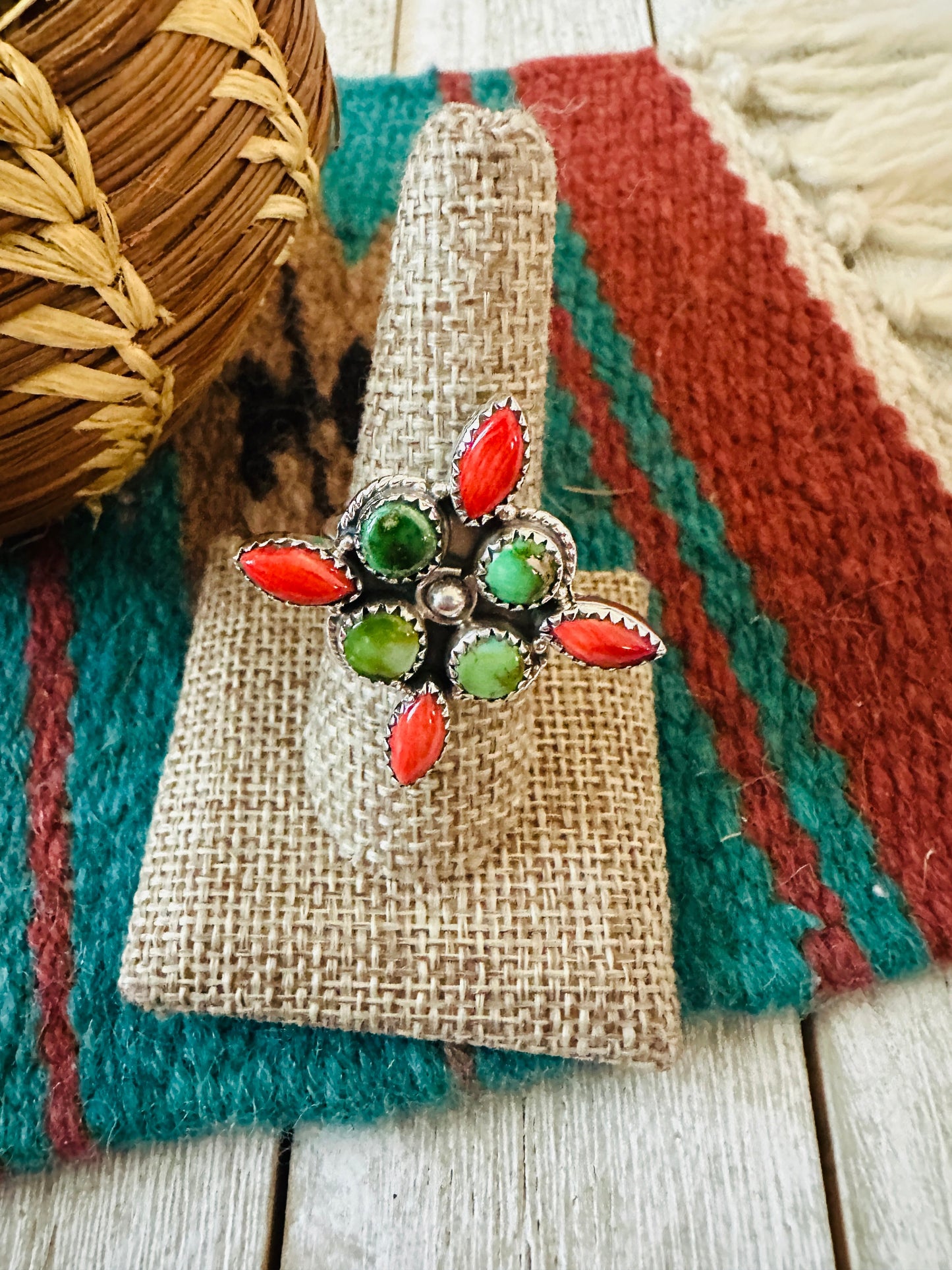 ** Christmas Collection ** Handmade Sterling Silver, Turquoise & Coral Adjustable Ring Signed Nizhoni