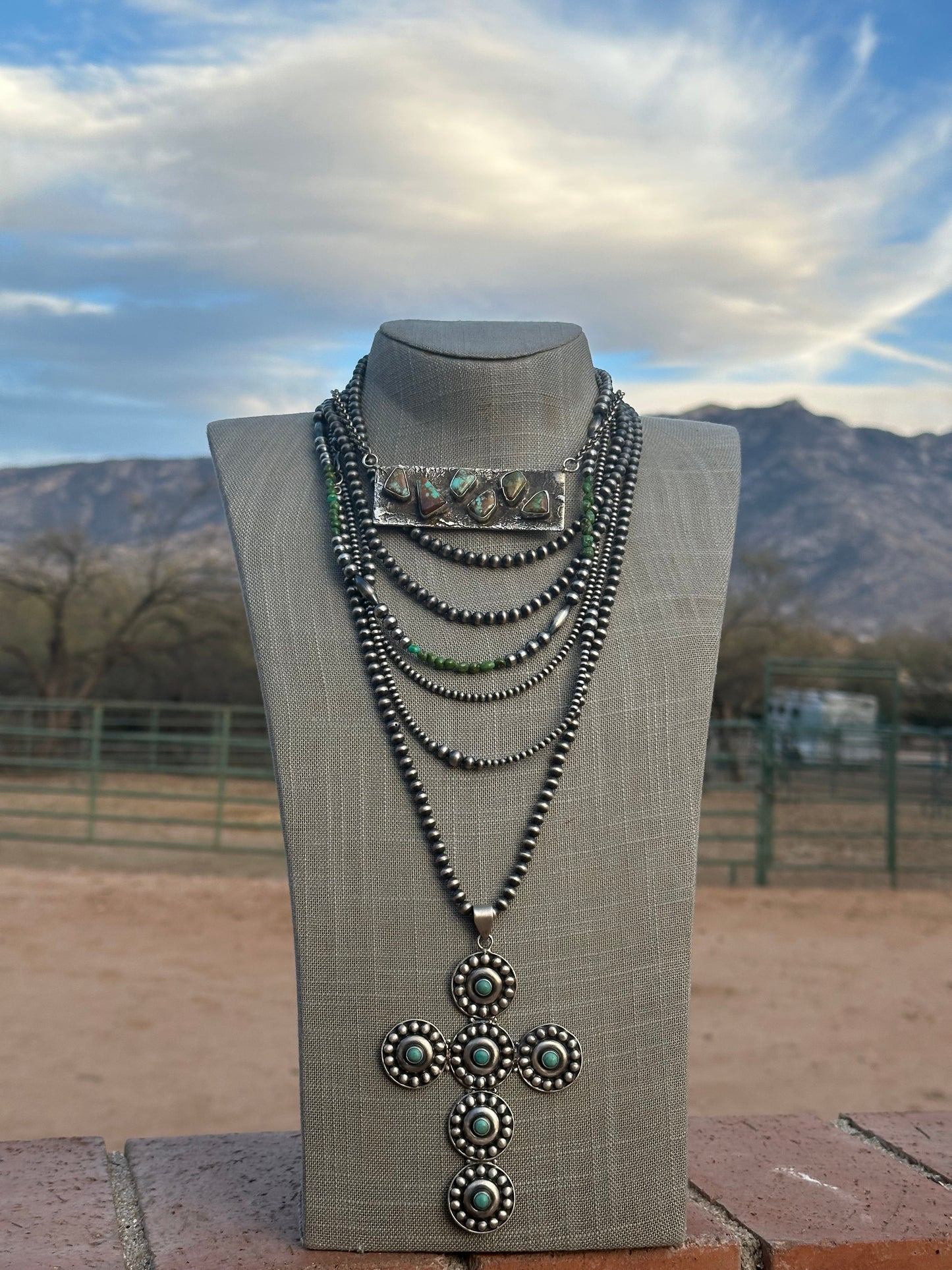 Navajo Sterling Silver Navajo Style Pearls with Royston Turquoise 20”
