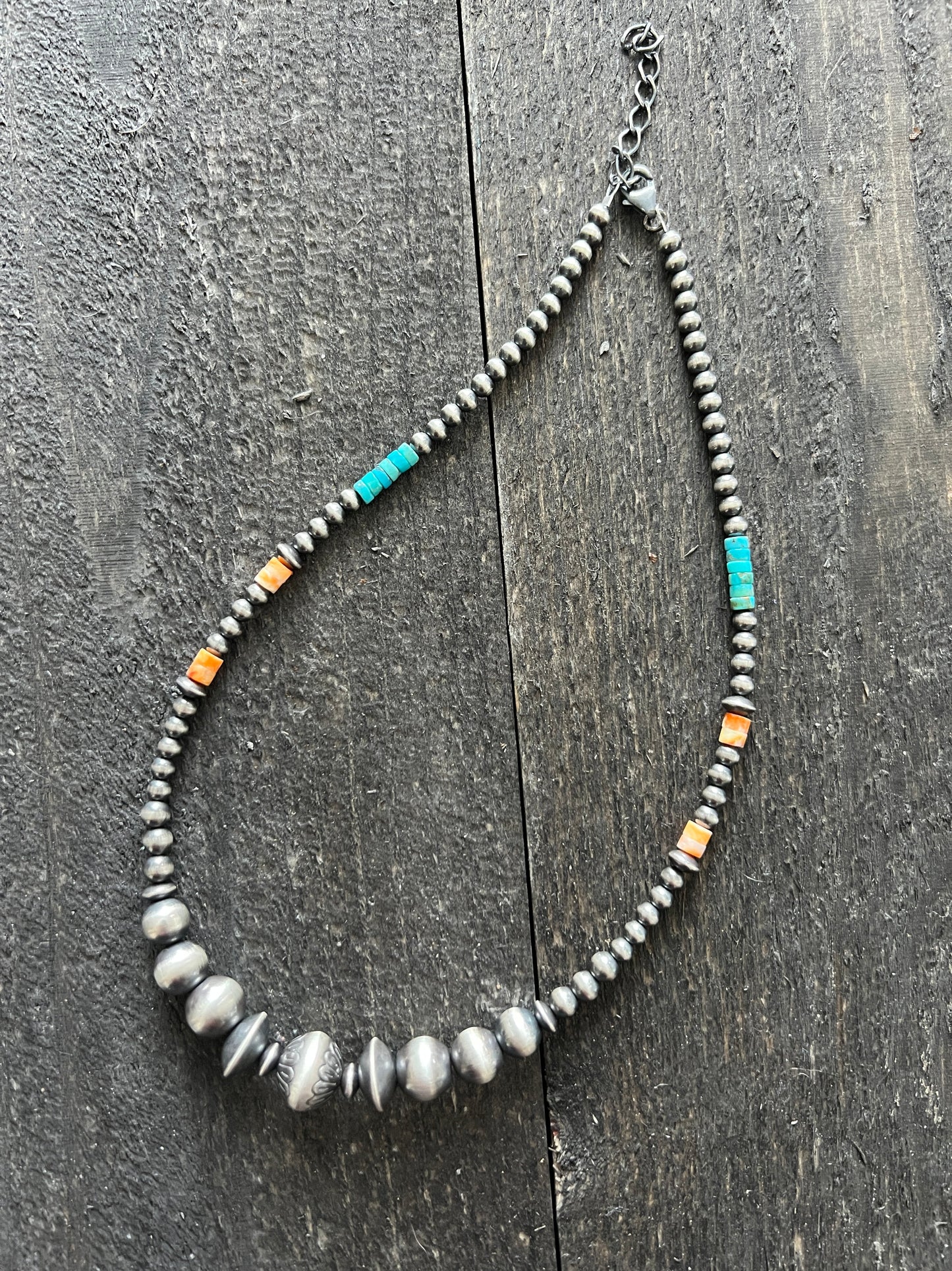 Summer Lovin’ Navajo Beaded Layering Necklace with Sterling Silver, Spiny Oyster Shell and Turquoise, 16” + 2”, The Flower Child