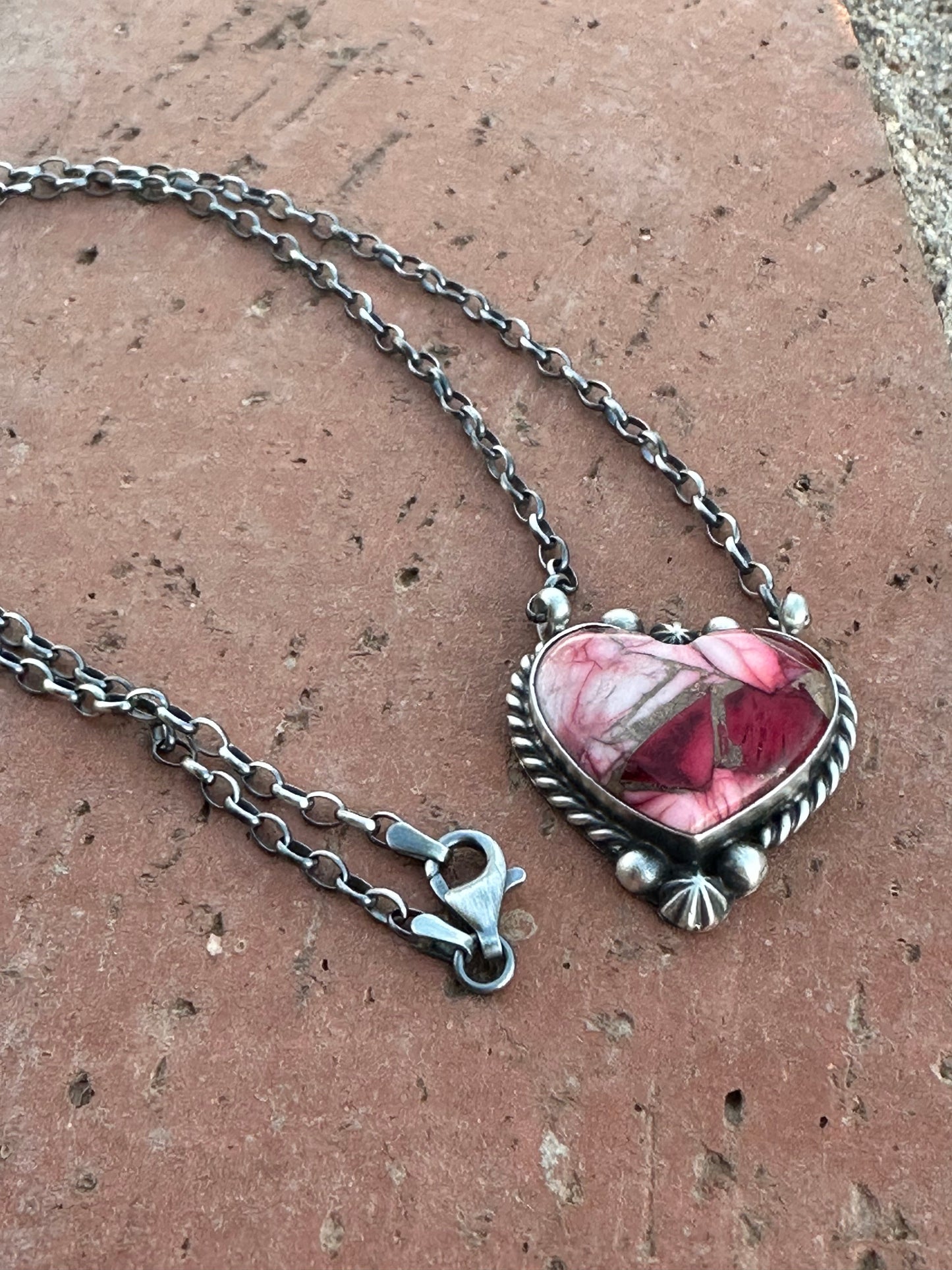 Navajo Rose Dahlia & Sterling Silver Heart Necklace
