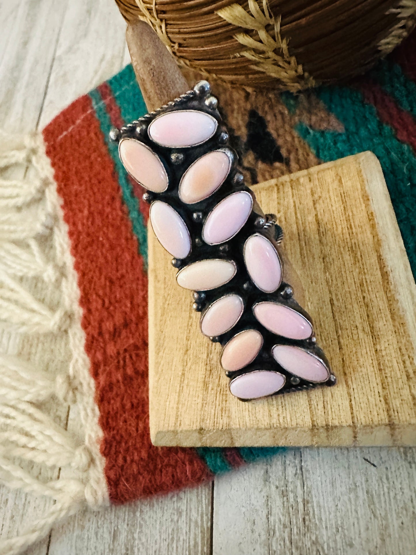 Navajo Queen Pink Conch & Sterling Silver Adjustable Ring by Jacqueline Silver