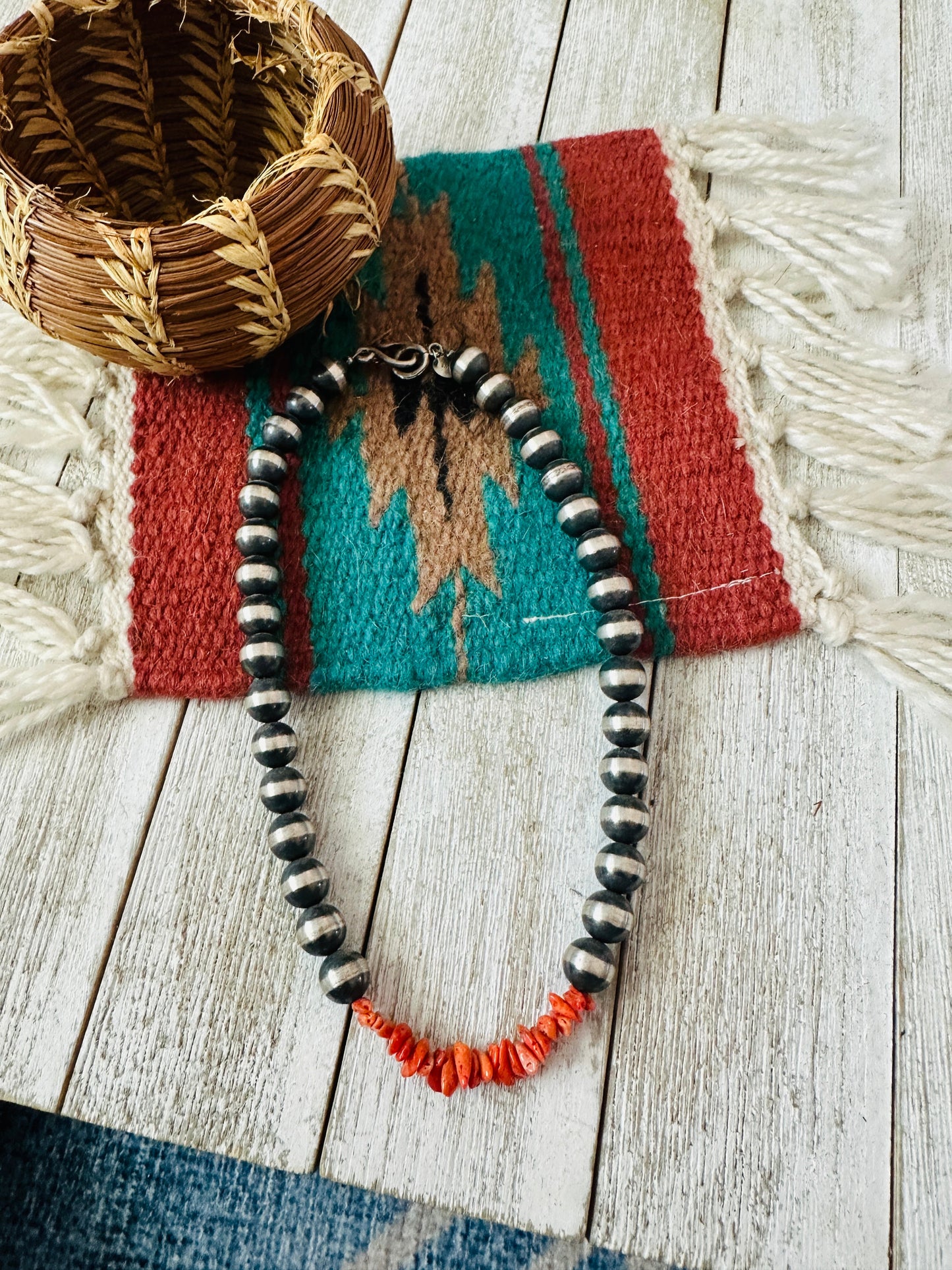 Navajo Sterling Silver Pearl & Spiny Beaded Necklace