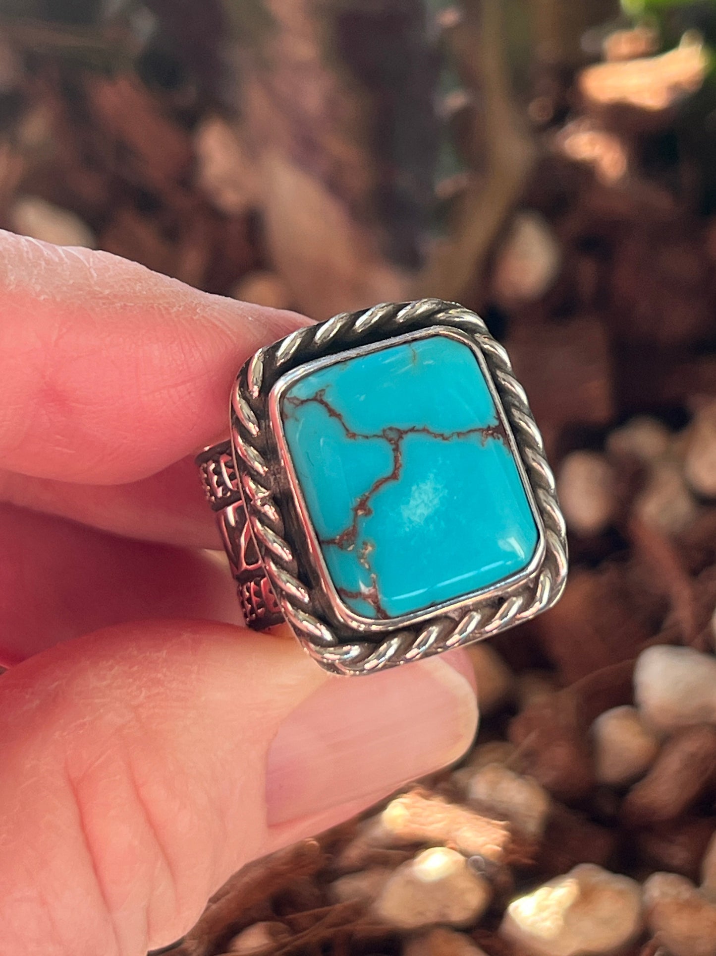 Native Made Hand Stamped Sterling Silver Wide Shank Ring with Egyptian Turquoise by Shaun Rogers, Size 9