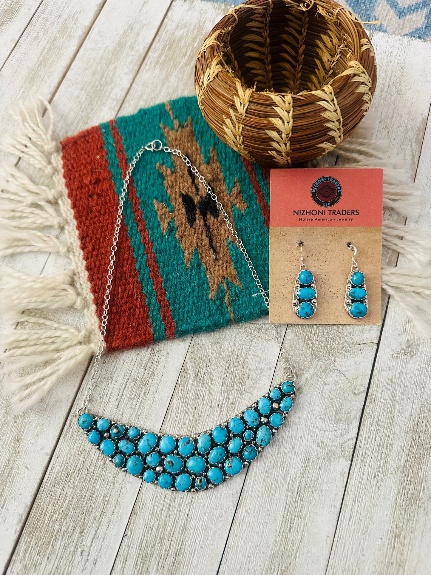 Navajo Sterling Silver & Turquoise Cluster Necklace and Earring Set