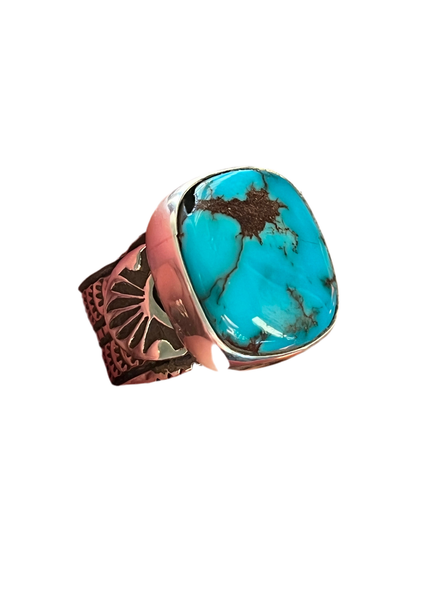 Native Made Sterling Silver Wide Shank Ring with Egyptian Turquoise by Shaun Rogers, Size 8.25