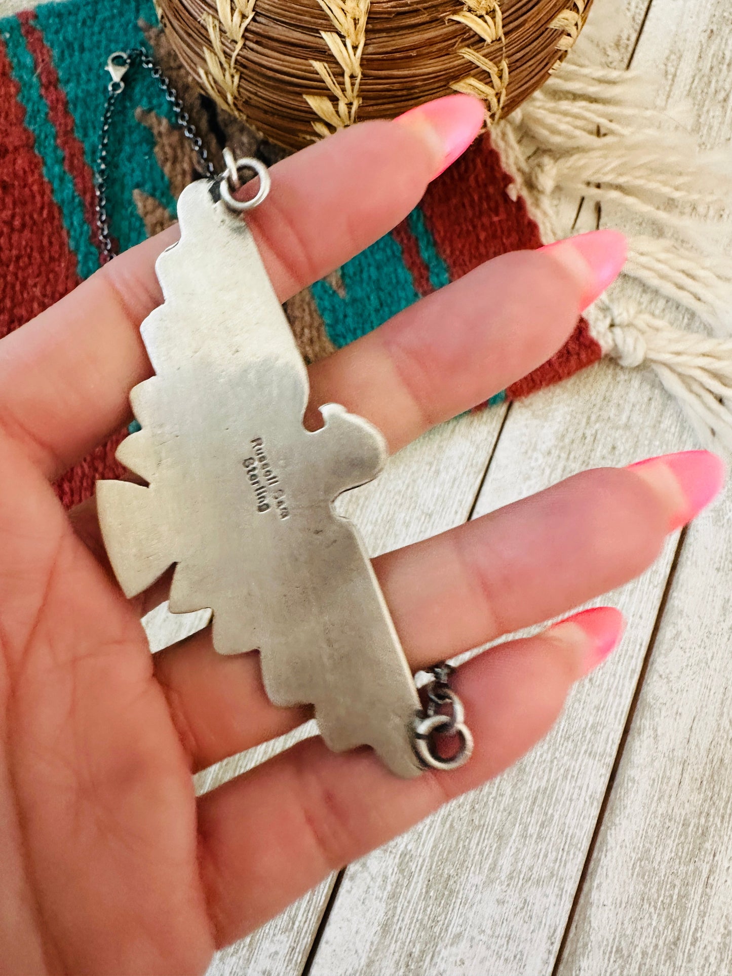 Navajo Turquoise & Sterling Silver Thunderbird Necklace by Russell Sam