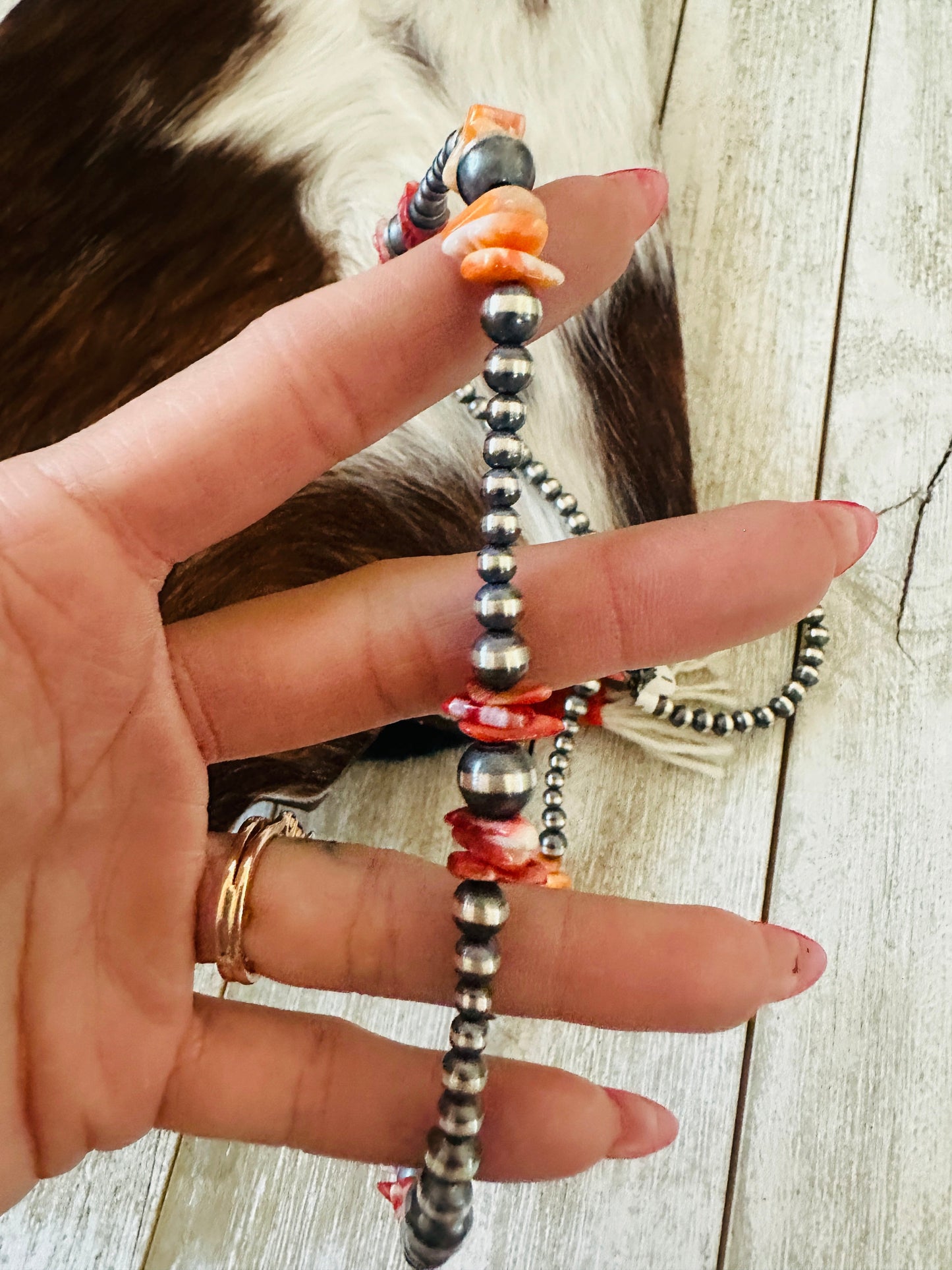 Navajo Sterling Silver & Spiny Oyster Beaded 24” Necklaces