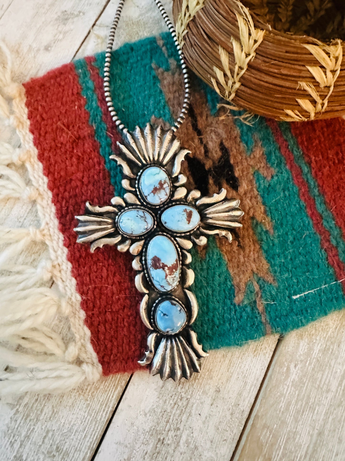Navajo Golden Hills Turquoise & Sterling Silver Cross Pendant