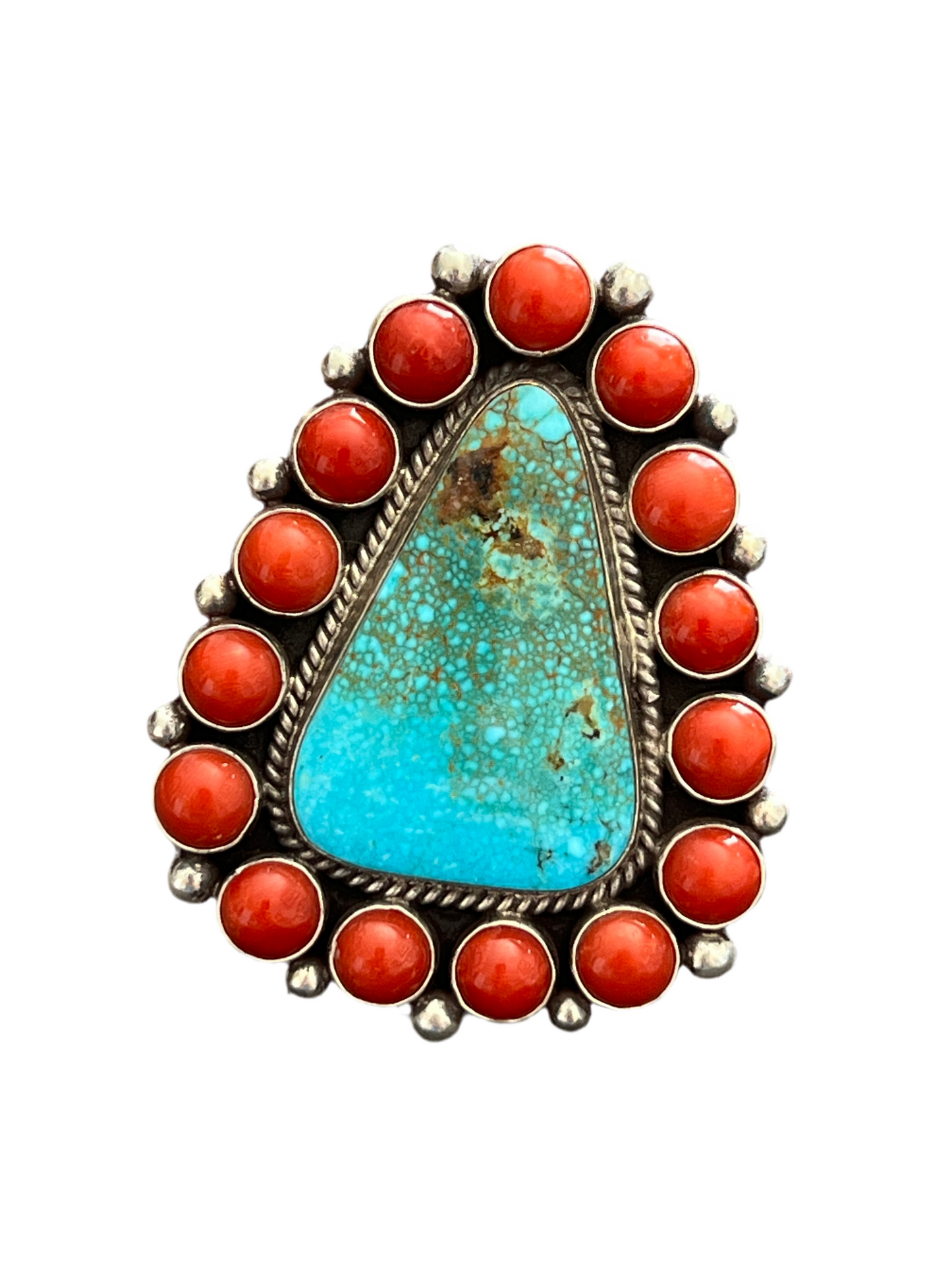Navajo Sterling Silver, Kingman Turquoise and Mediterranean Coral Cluster Ring By Tyler Brown, Adjustable