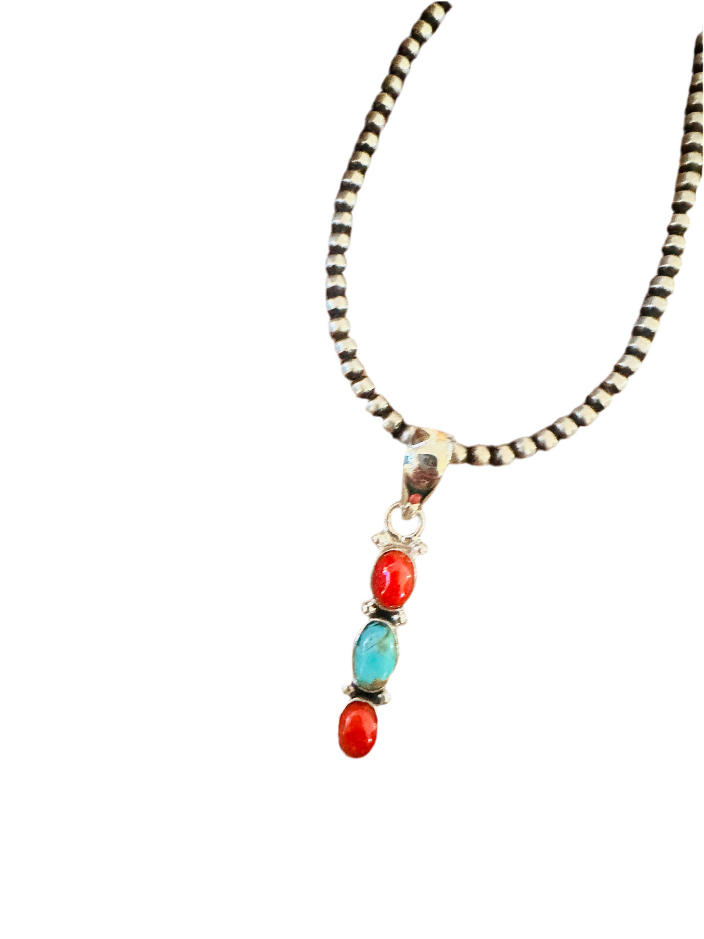 ** Christmas Collection ** Handmade Sterling Silver, Coral & Turquoise Pendant Signed Nizhoni