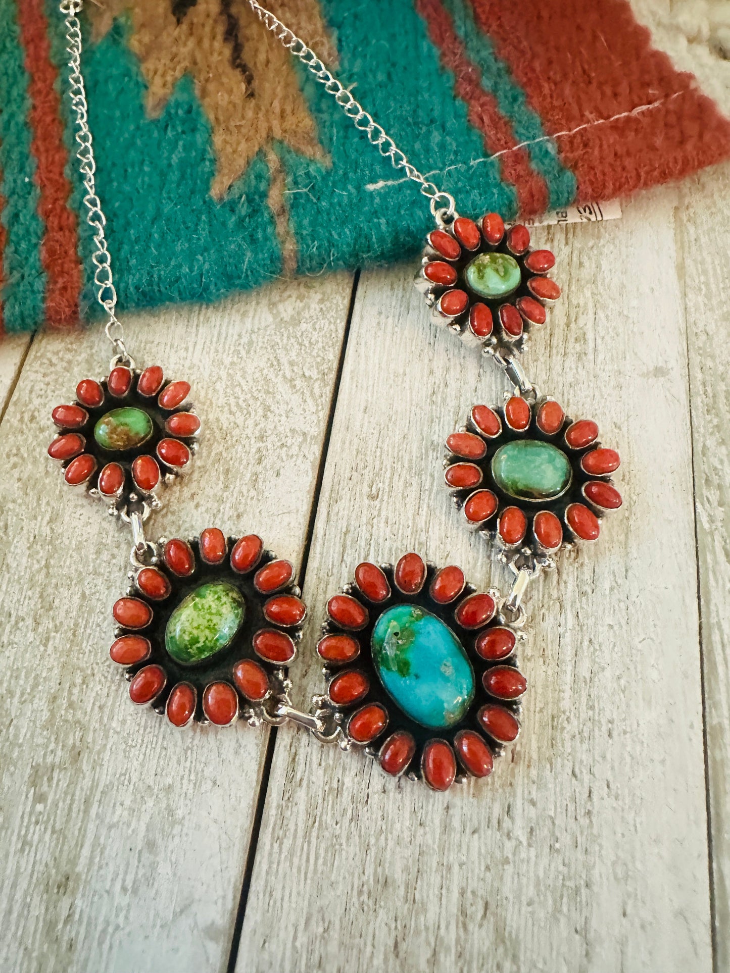 ** Christmas Collection ** Handmade Sterling Silver, Turquoise & Coral Necklace Signed Nizhoni