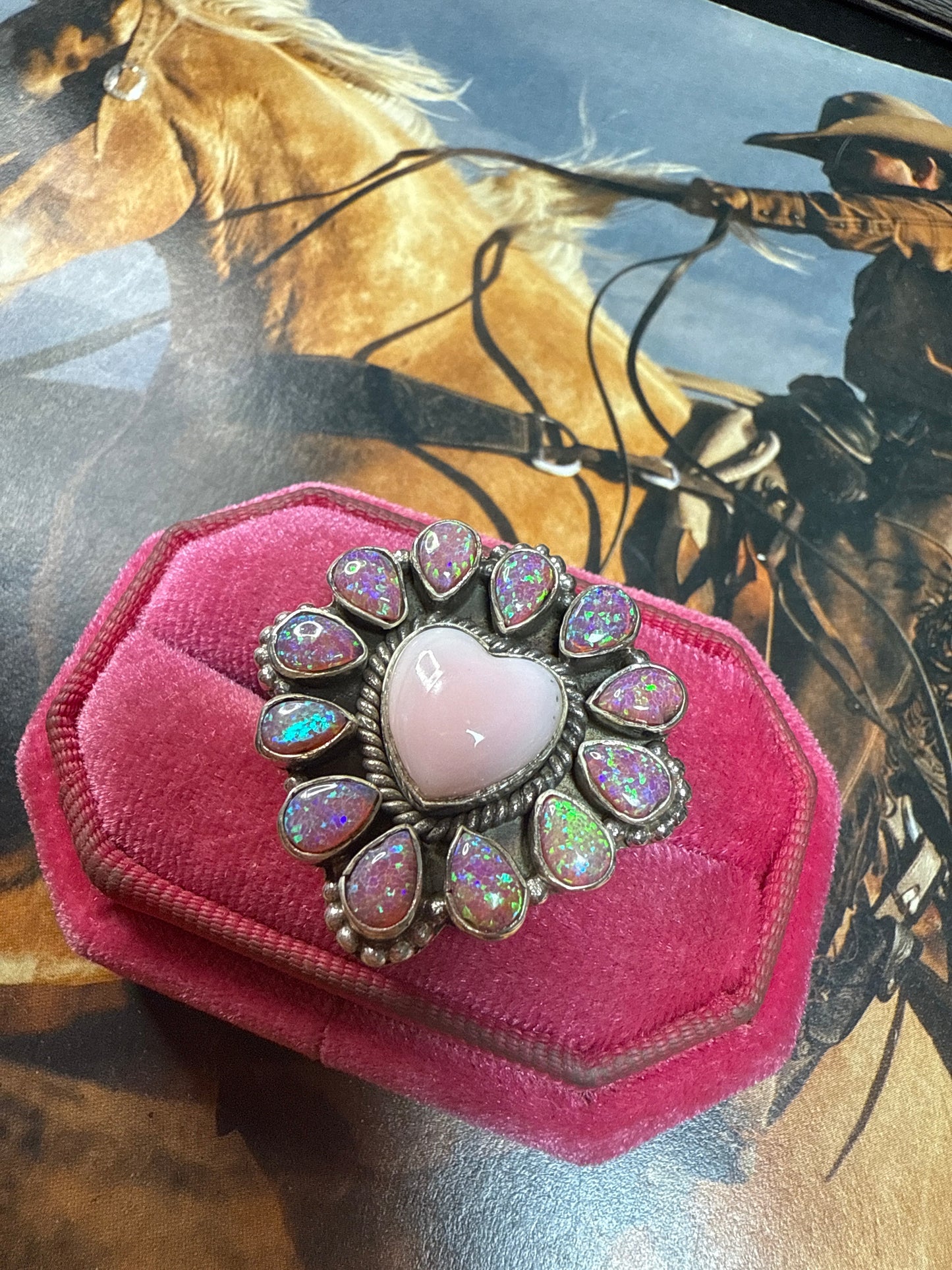 Handmade Pink Conch, Purple Fire Opal & Sterling Silver Adjustable Heart Ring