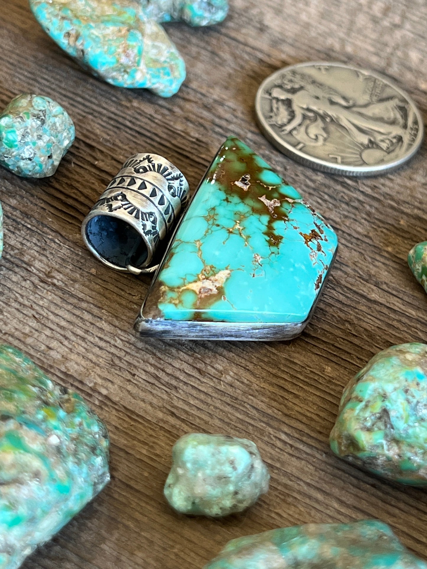 Navajo Sterling Silver and Royston Turquoise Solo Pendant by Angela Martin