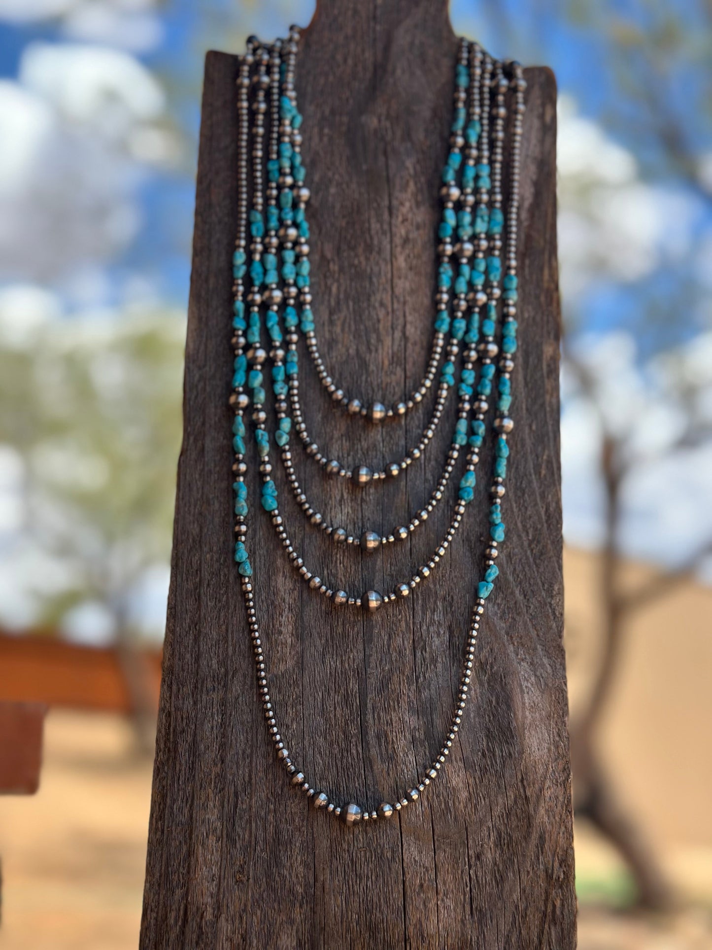 Navajo Kingman Turquoise & Sterling Silver 3mm-8mm Beaded Necklace