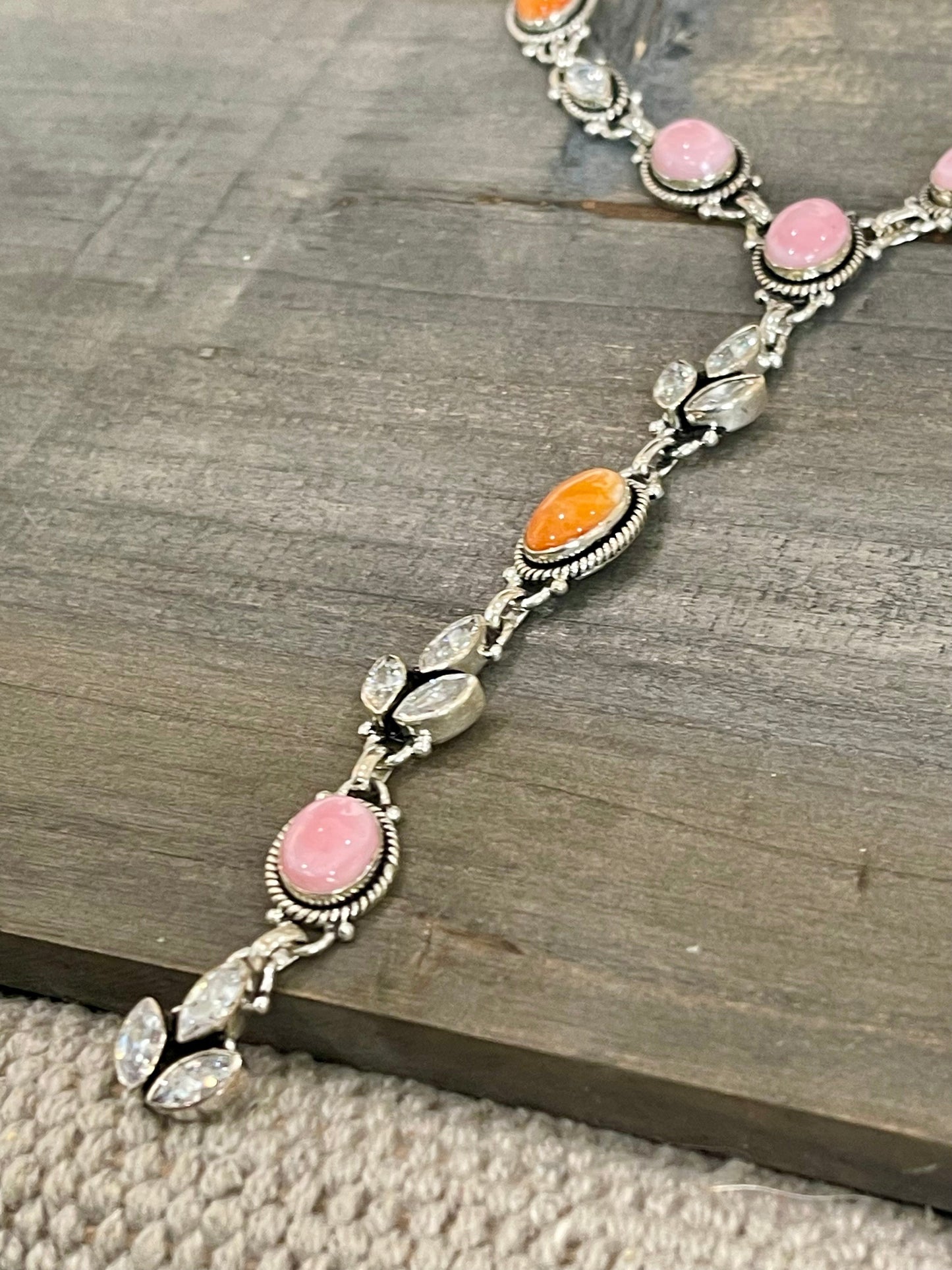 Handmade Sterling Silver, Orange Spiny & Pink Conch Lariat Necklace