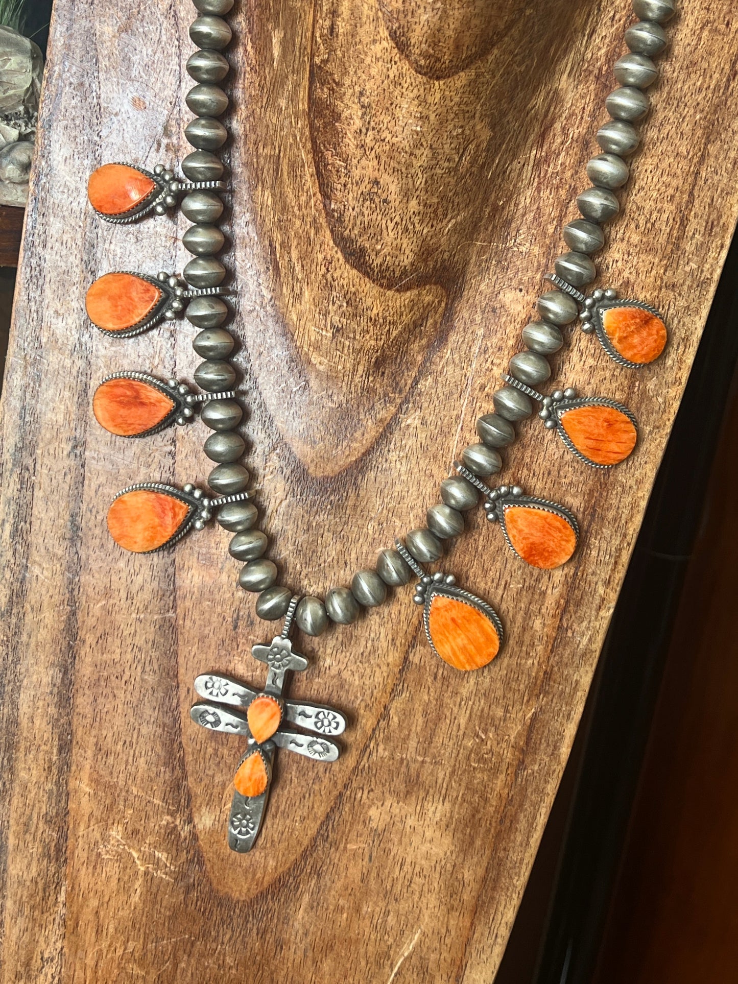 Navajo Sterling Silver And Orange Spiny Oyster Shell Dragonfly Bead Necklace by Selena Warner