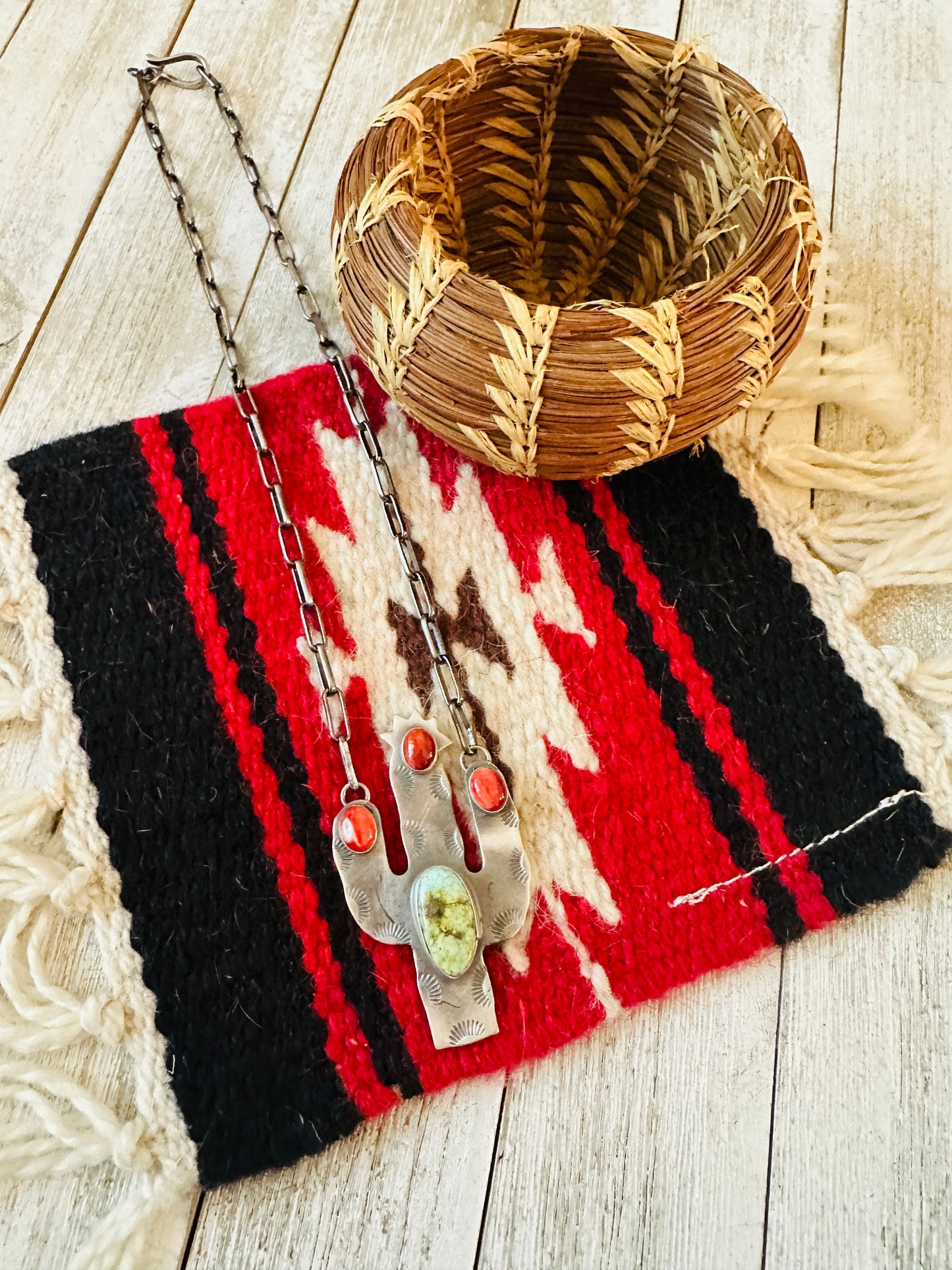 Navajo Sterling Silver, Turquoise & Spiny Cactus Necklace
