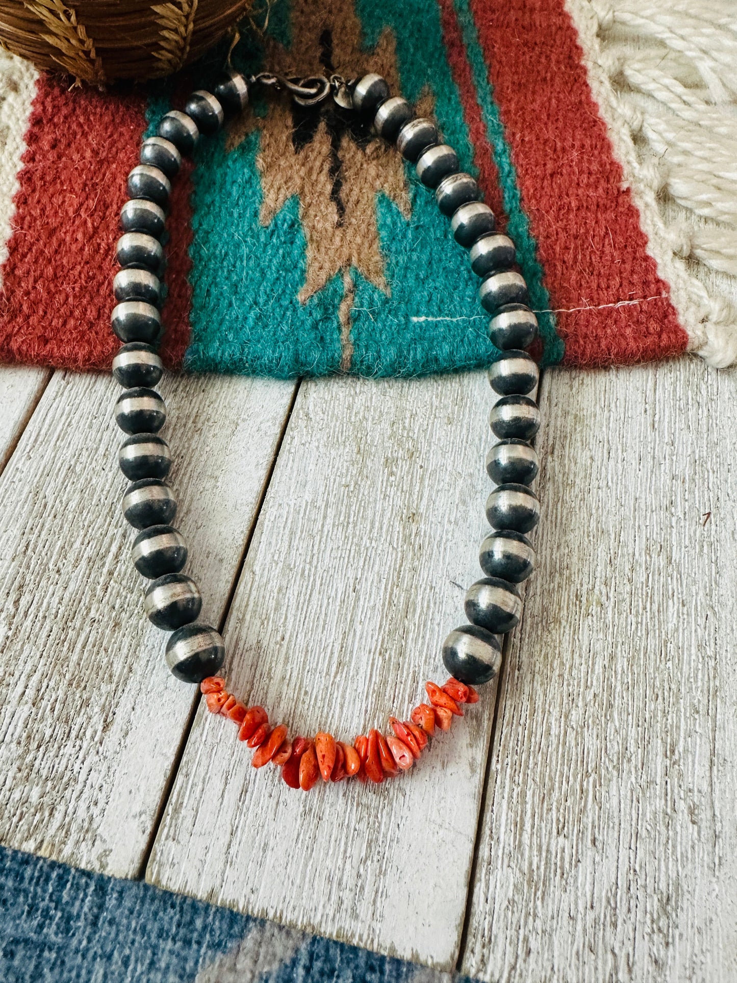 Navajo Sterling Silver Pearl & Spiny Beaded Necklace