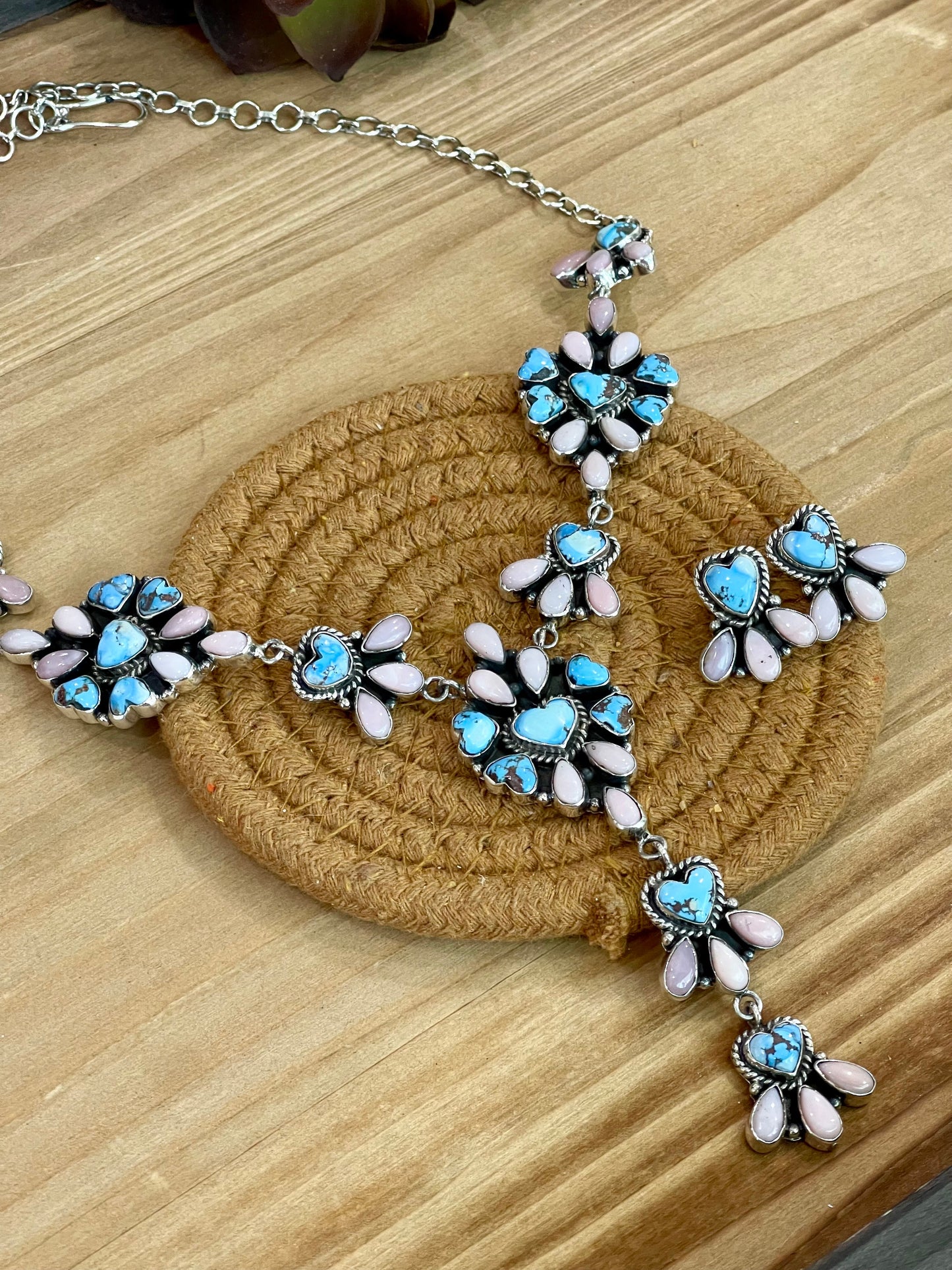 Beautiful Handmade Sterling Silver Golden Hills Turquoise Pink Opal Necklace Set