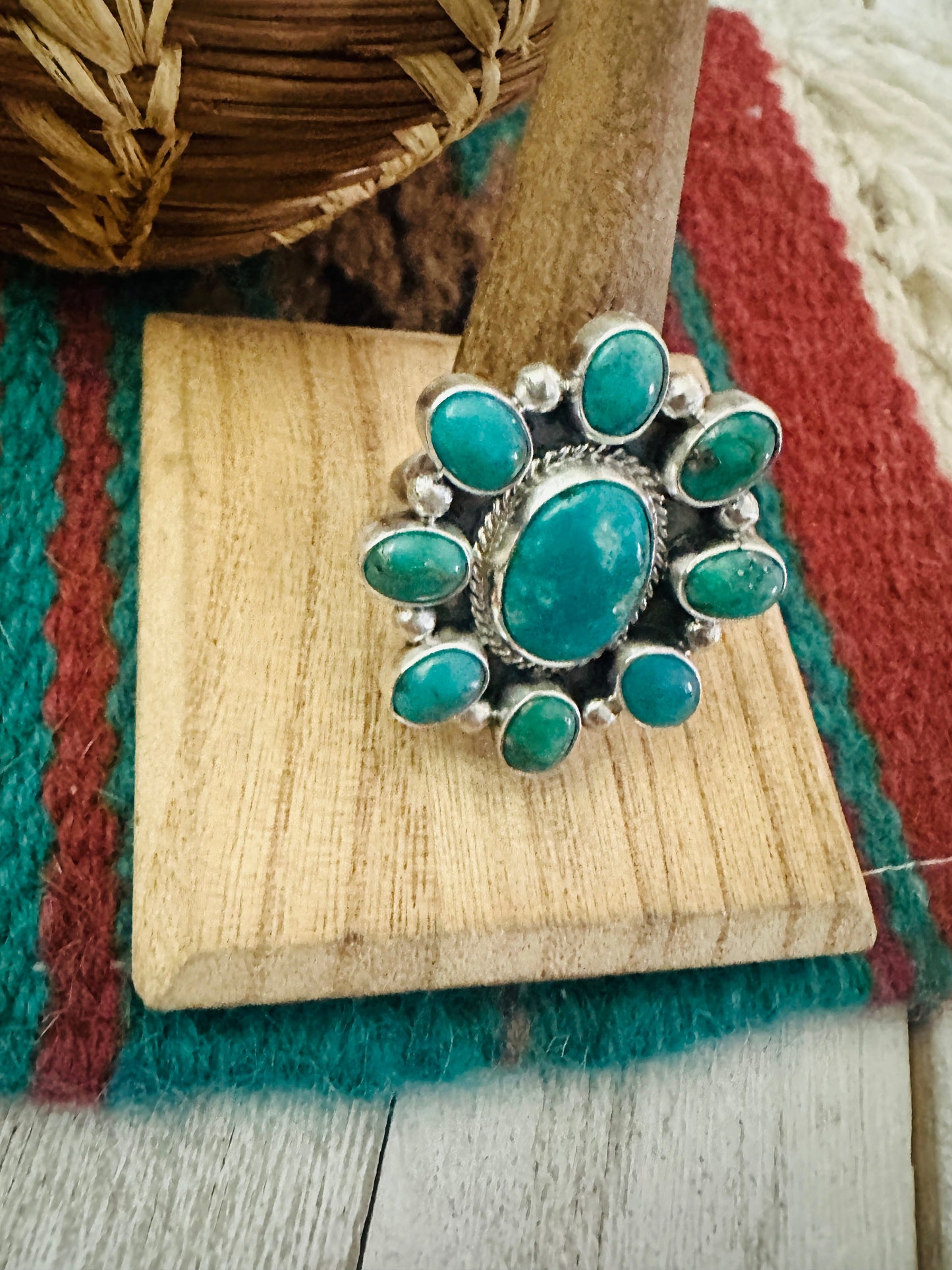 Navajo Sterling Silver & Turquoise Cluster Adjustable Ring