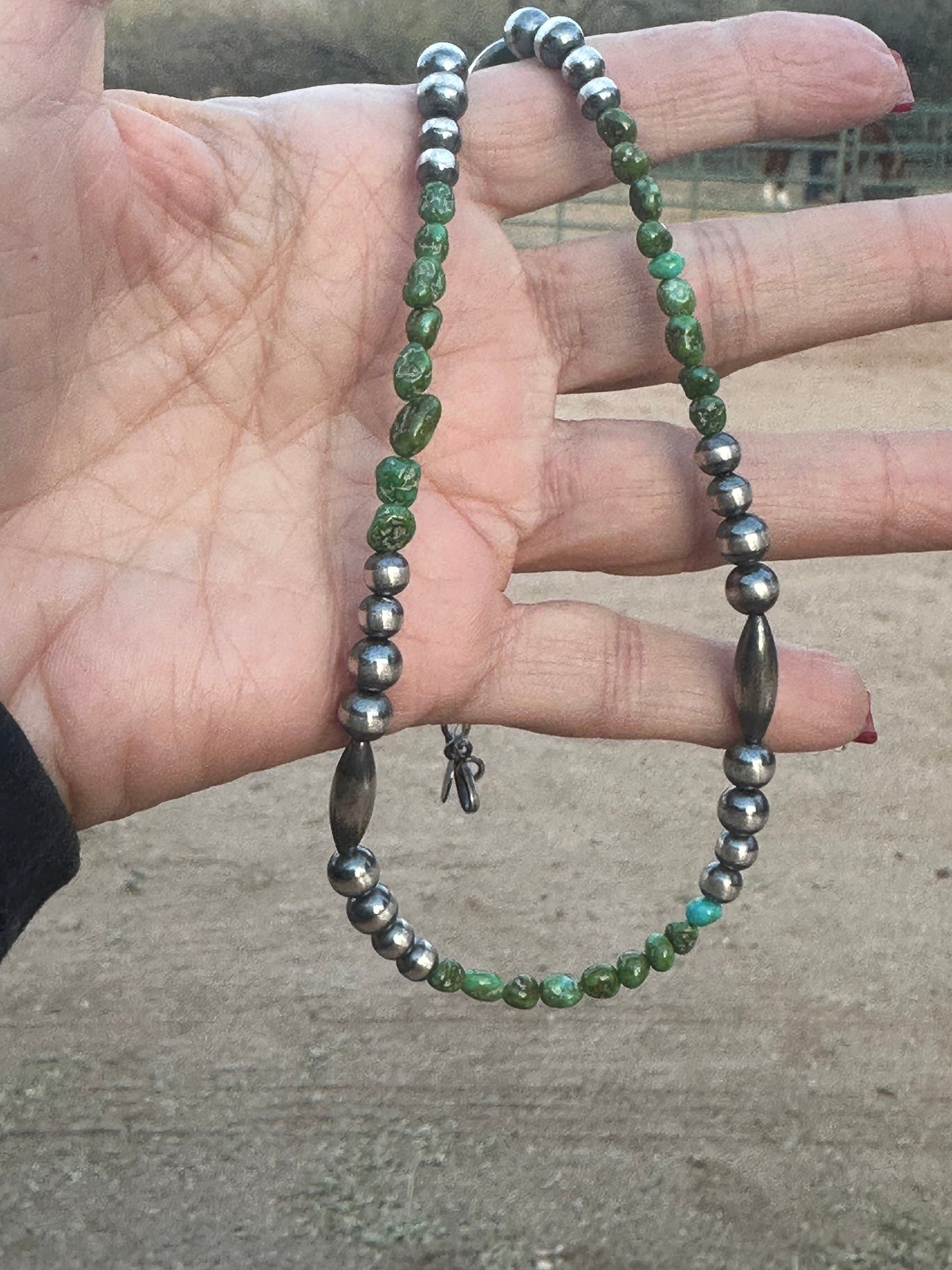 Navajo Sterling Silver Navajo Style Pearls with Royston Turquoise 20”