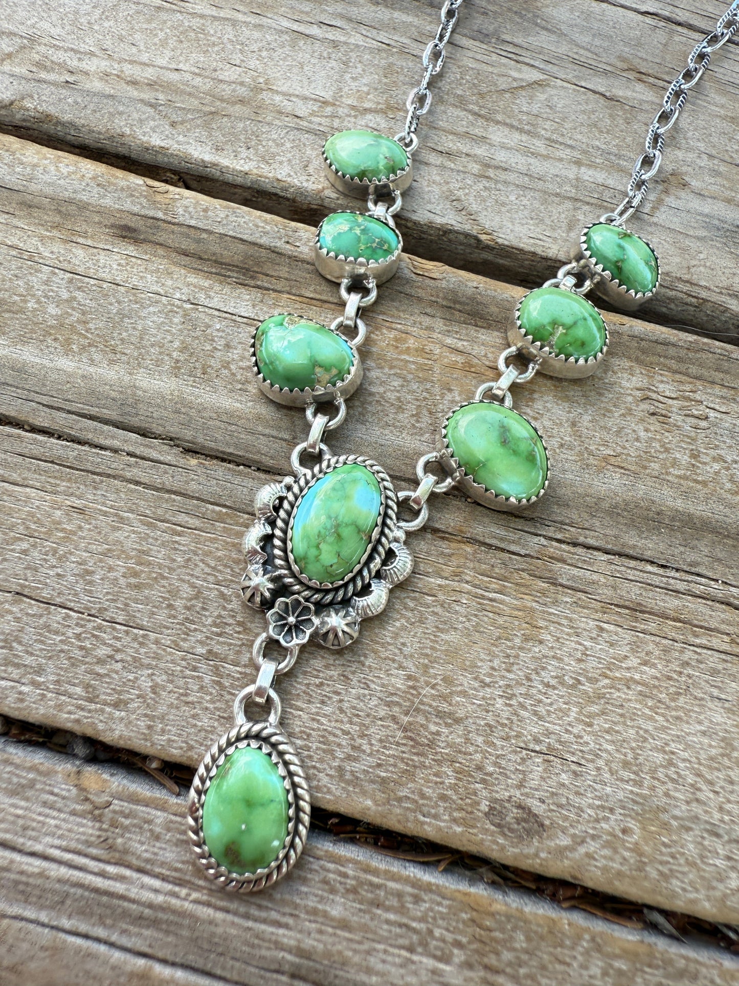 Handmade Sterling Silver & Sonoran Mountain Turquoise Lariat Necklace more greens