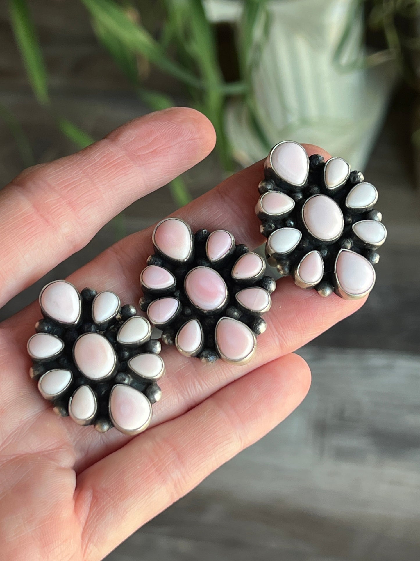 Navajo Sterling Silver and Queen Pink Conch Shell Cluster Ring by Travis Jim
