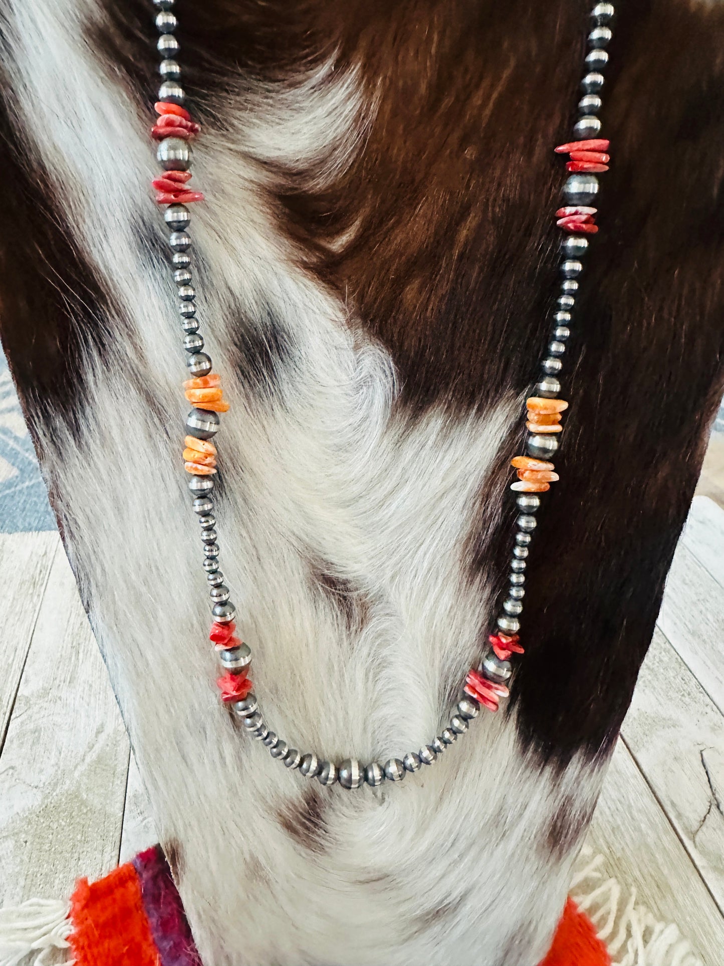 Navajo Sterling Silver & Spiny Oyster Beaded 24” Necklaces