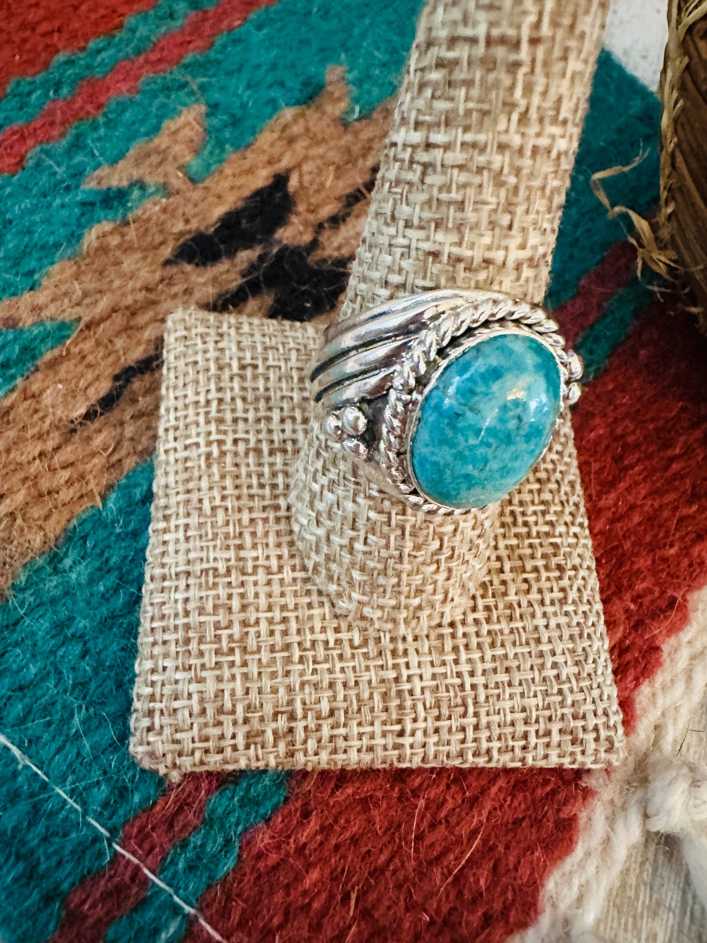 Navajo Turquoise & Sterling Silver Cigar Band Ring Size 9.75