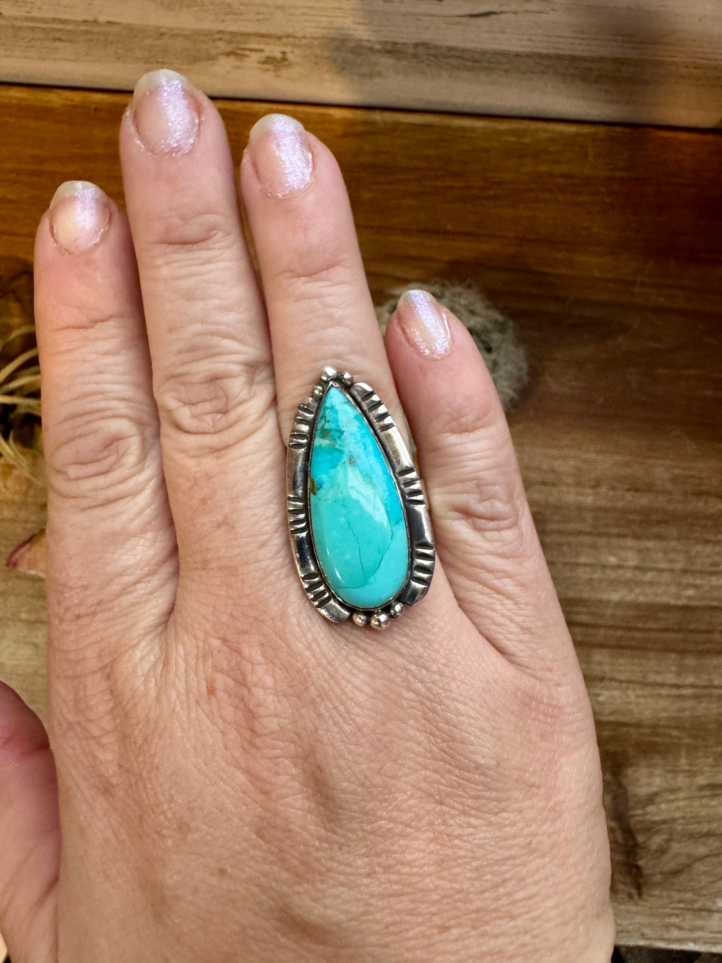 Long Ring- adjustable- Kingman turquoise ring and sterling silver