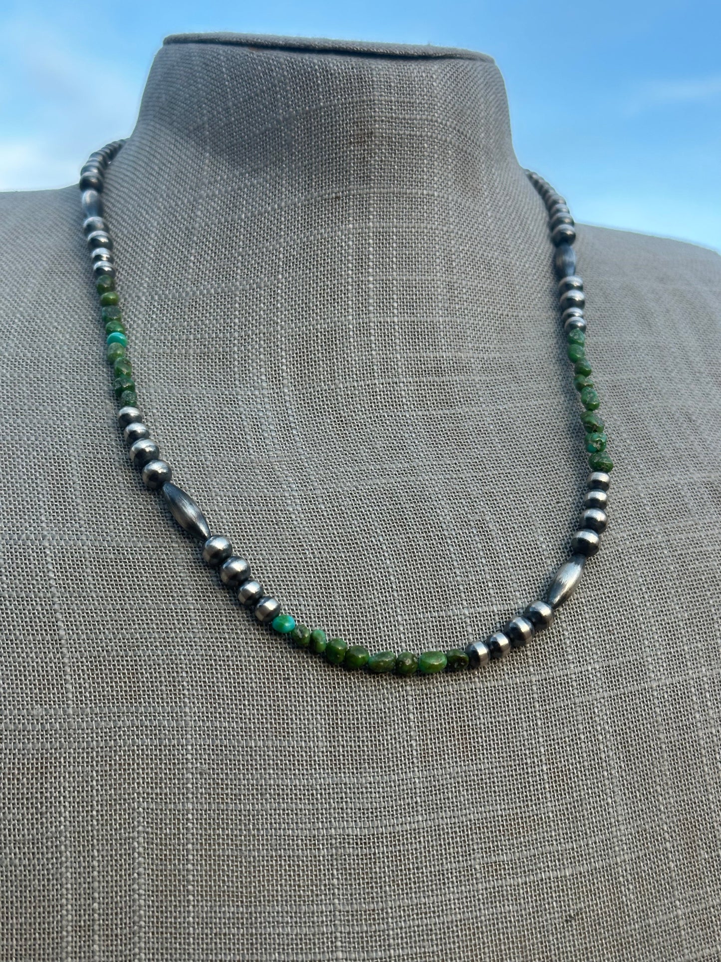 Navajo Sterling Silver Navajo Style Pearls with Royston Turquoise 20”