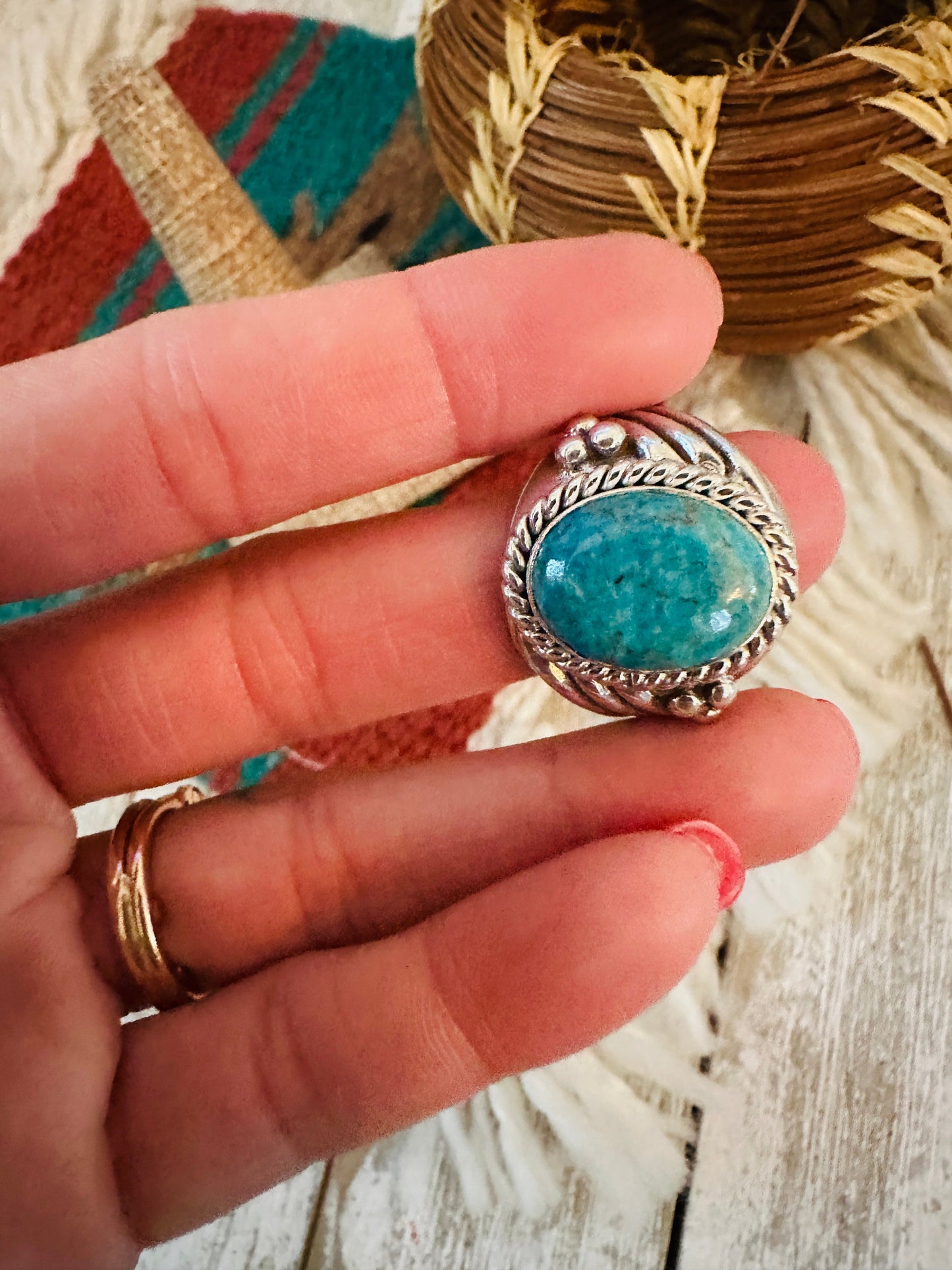 Navajo Turquoise & Sterling Silver Cigar Band Ring Size 9.75