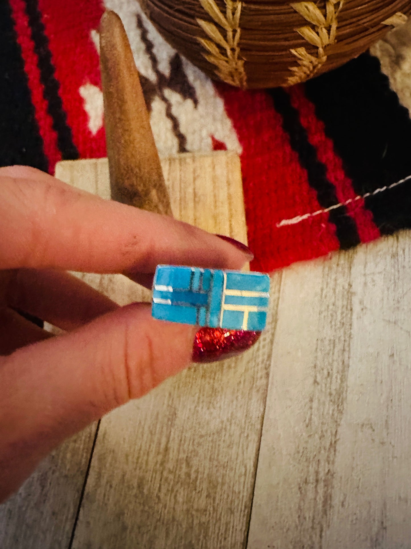 Navajo Turquoise & Sterling Silver Inlay Ring Size 6.75 by Julia Etsitty