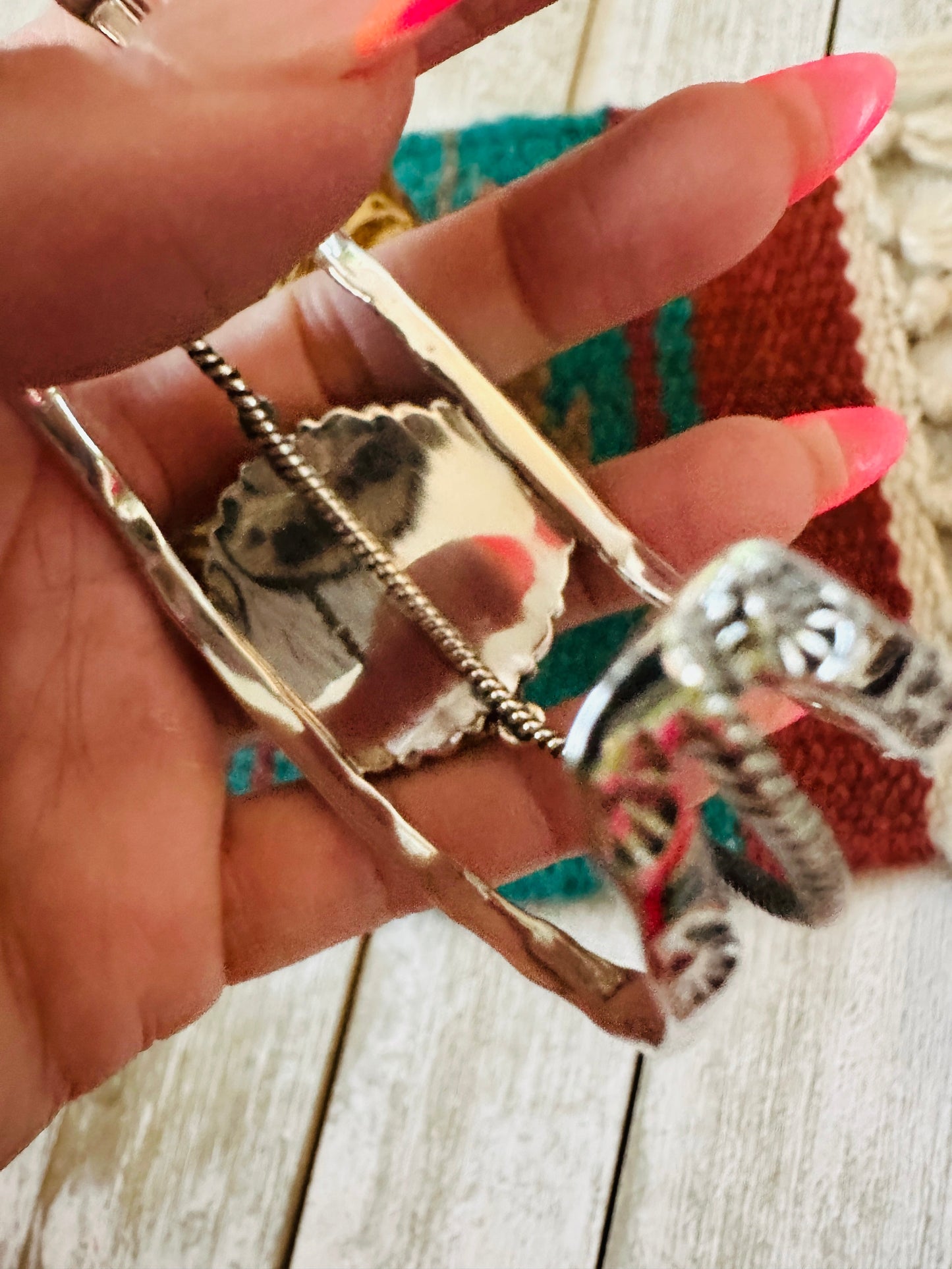 ** Christmas Collection ** Handmade Sterling Silver, Turquoise & Coral Cuff Bracelet Signed Nizhoni