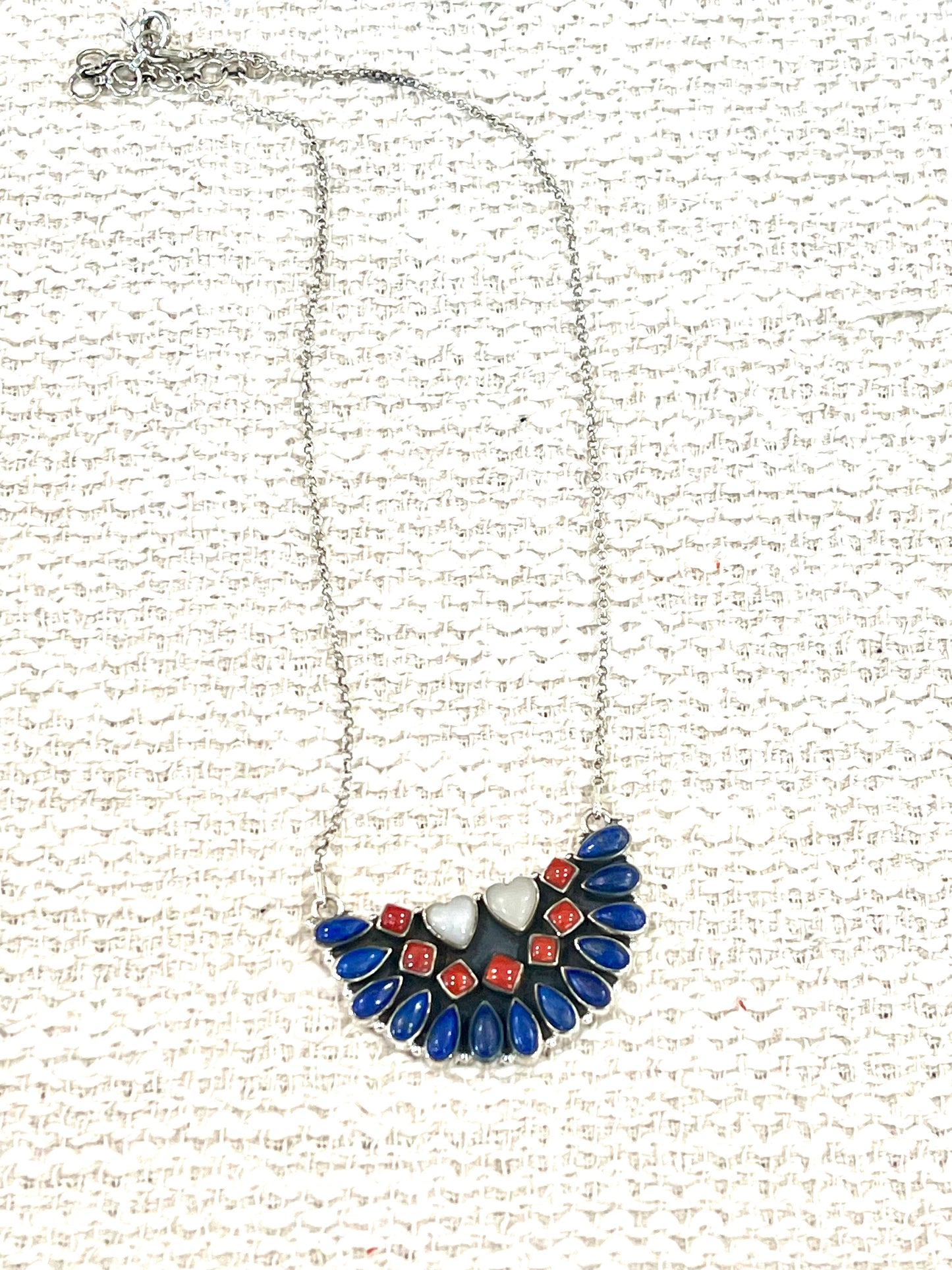 ** 4TH OF JULY ** Handmade Sterling Silver Synthetic Opal, Lapis & Coral Necklace with Signed Nizhoni